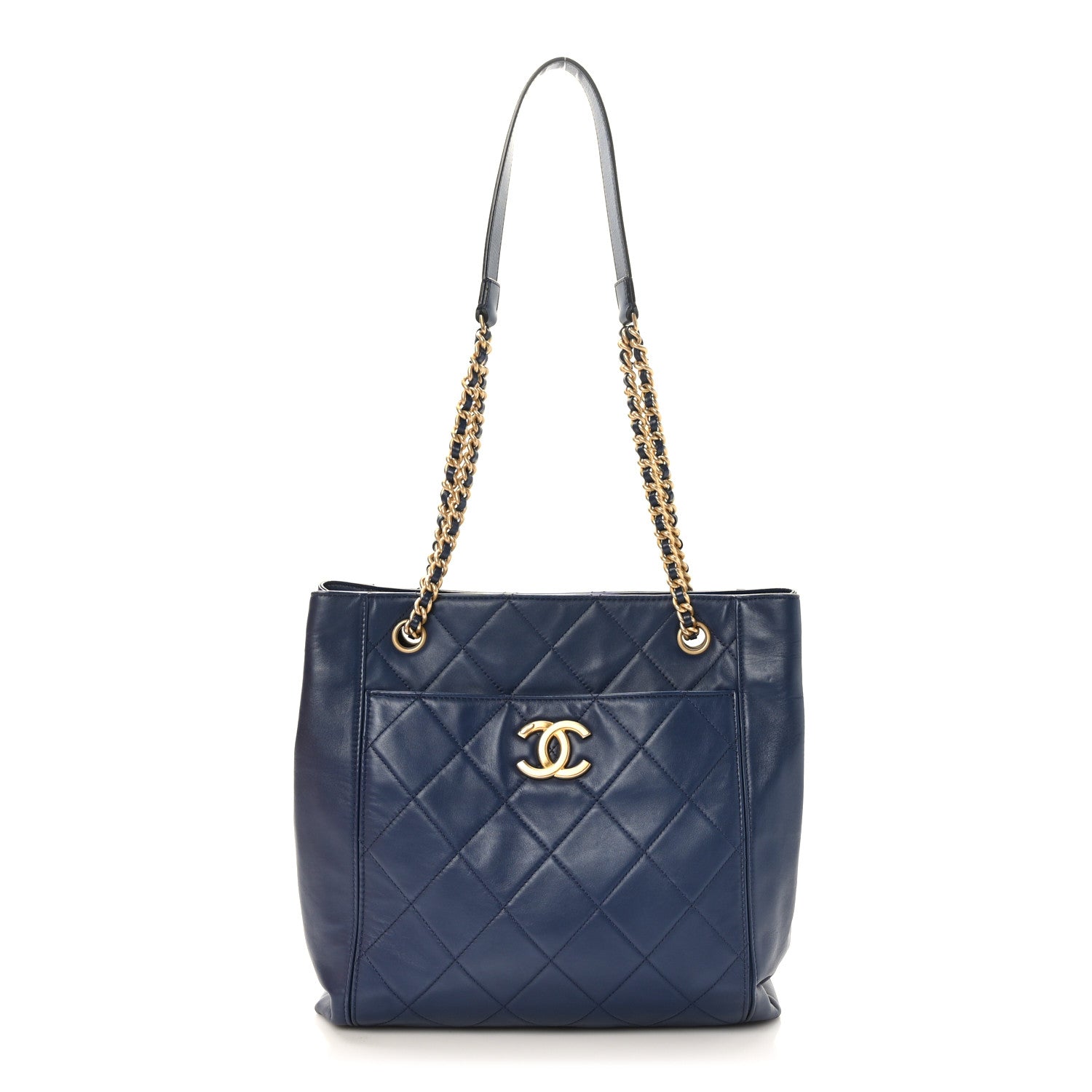 Chanel Calfskin Quilted CC Front Pocket Shopping Tote Navy 1 of 9