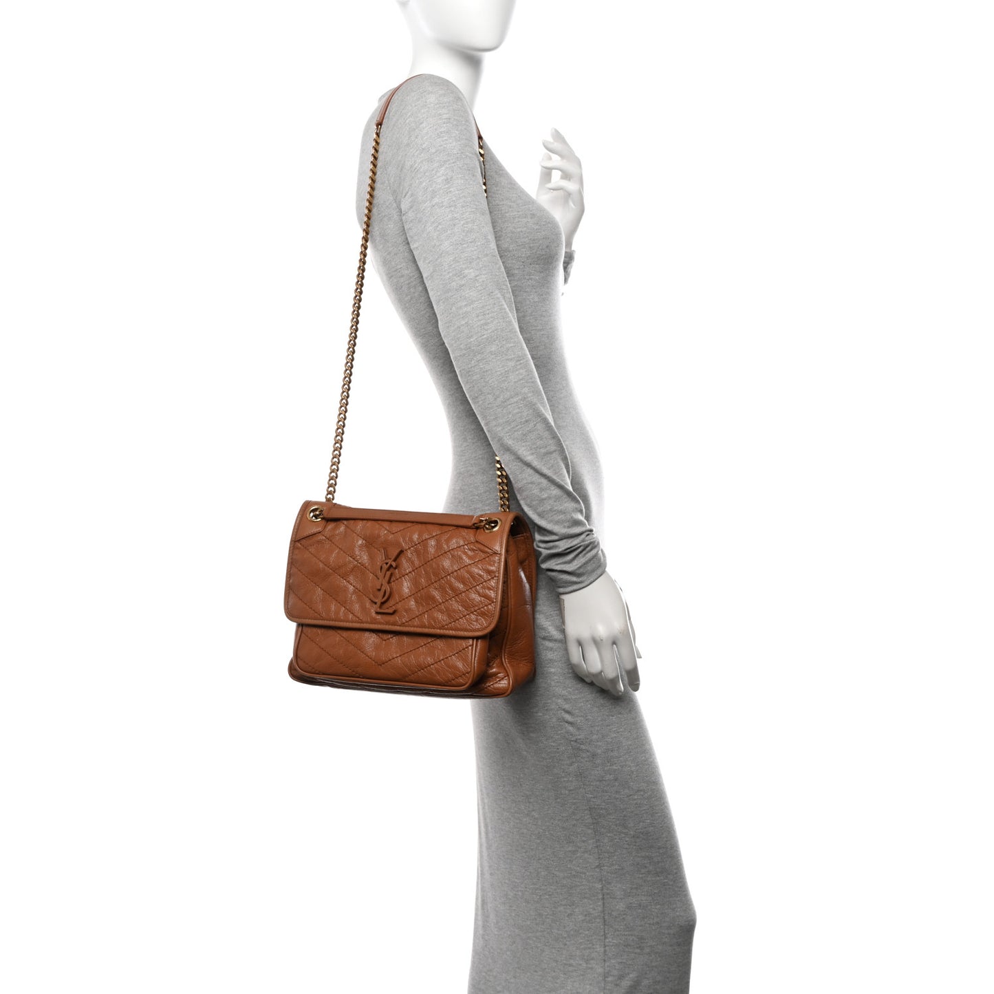 Crinkled Calfskin Matelasse Monogram Medium Niki Chain Satchel Caramel