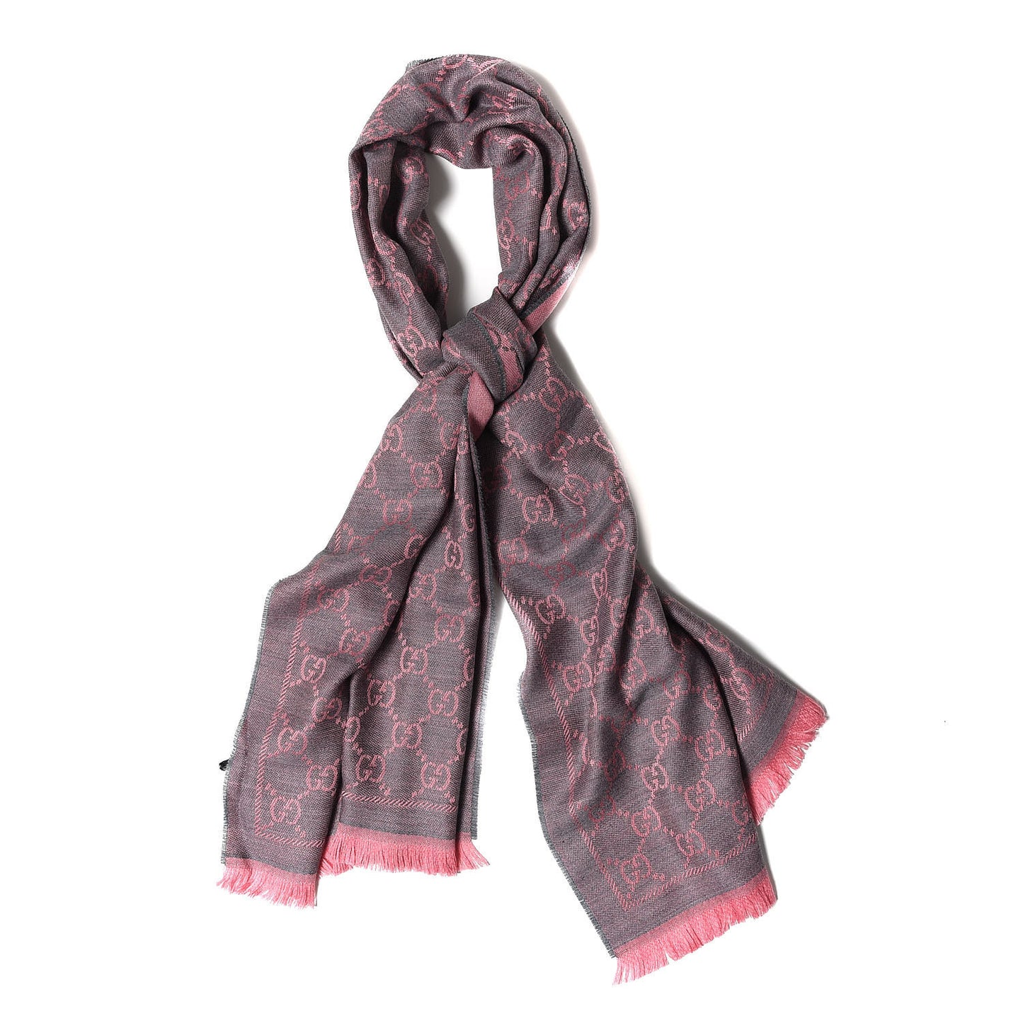 Wool Jacquard GG Monogram Sten Fringe Scarf Graphite Pink