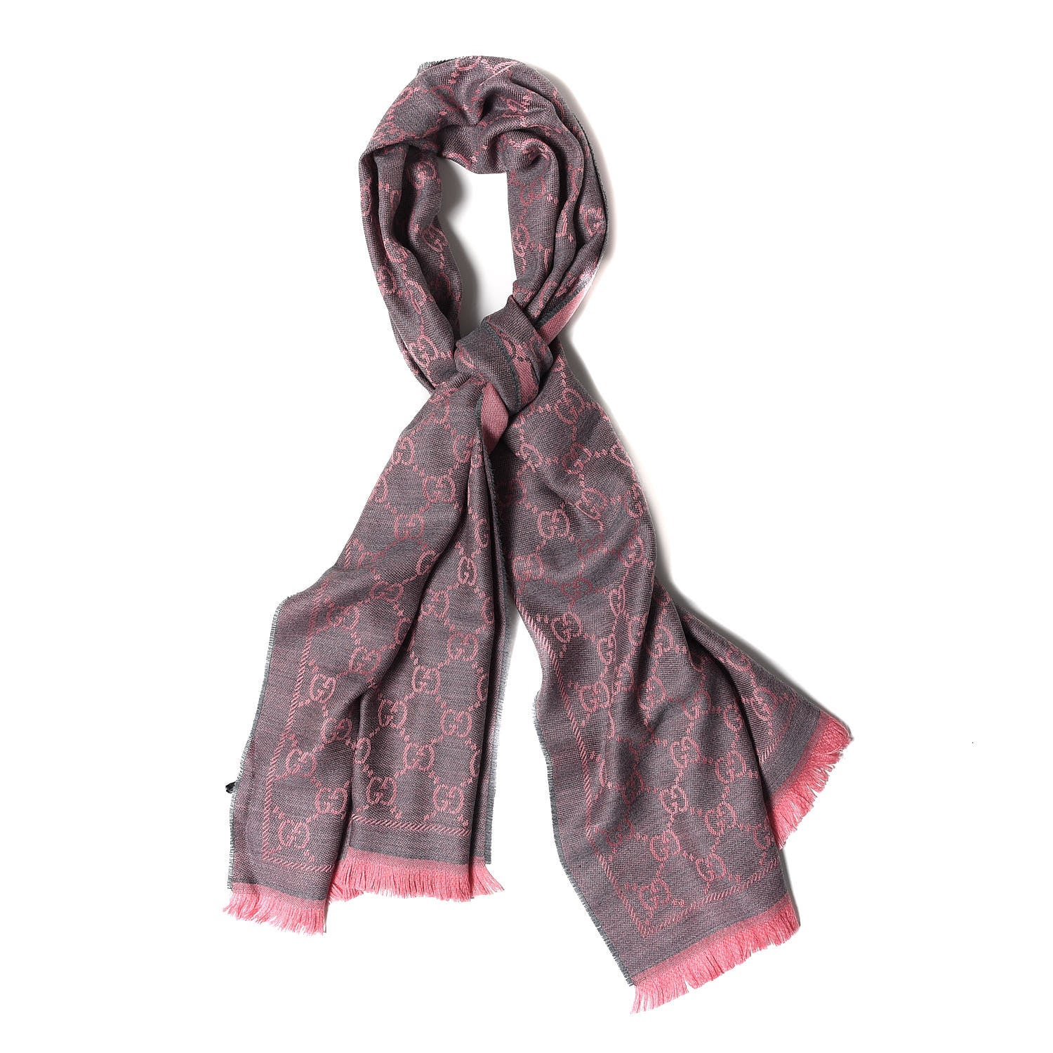 Gucci Wool Jacquard GG Monogram Sten Fringe Scarf Graphite Pink 1 of 5