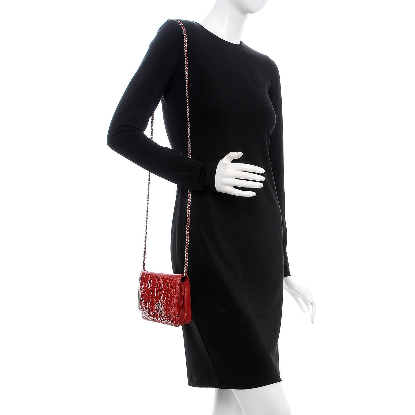 Patent Camellia Embossed Wallet On Chain WOC Dark Red