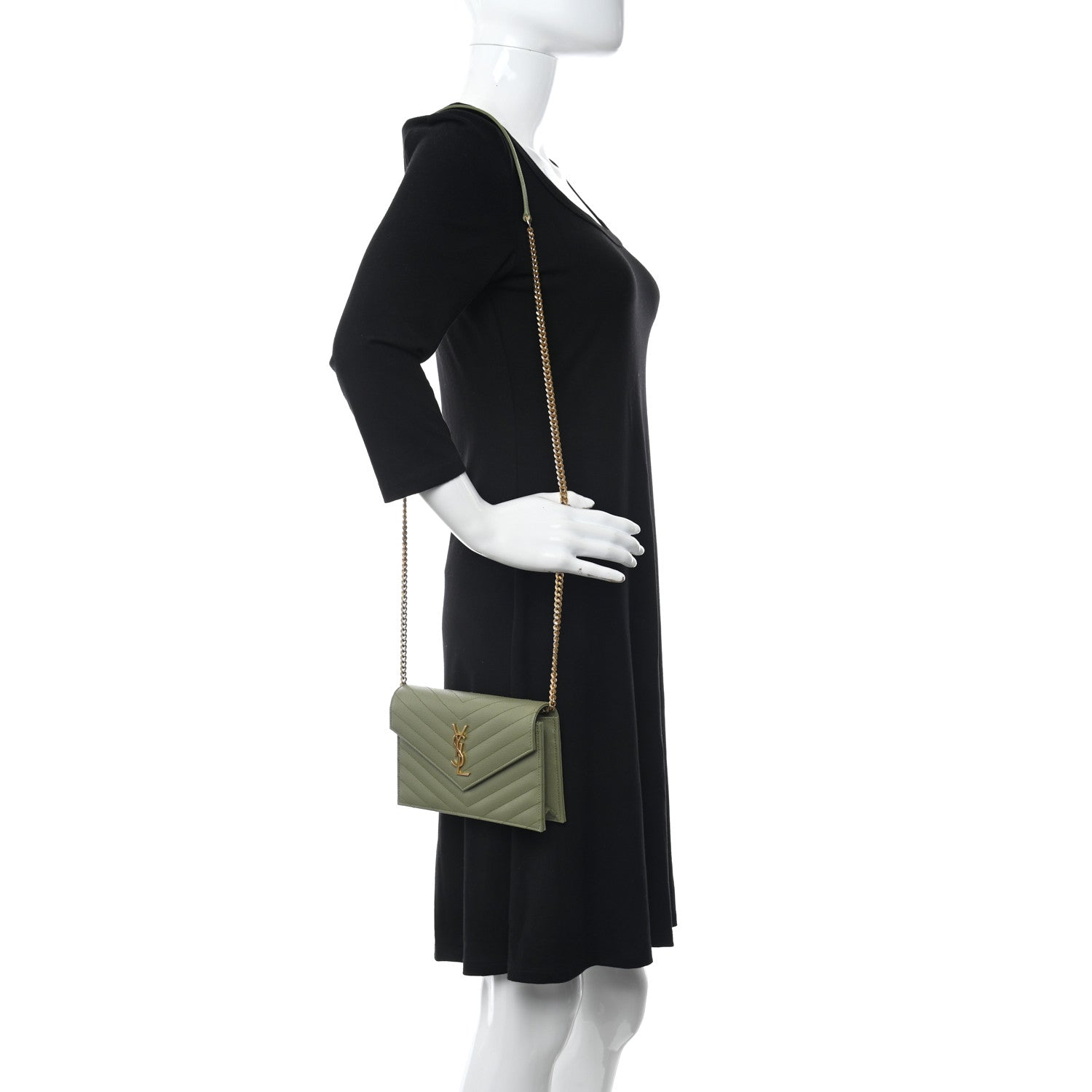 Saint Laurent Grain De Poudre Matelasse Chevron Monogram Envelope Chain Wallet Pistache 2 of 11