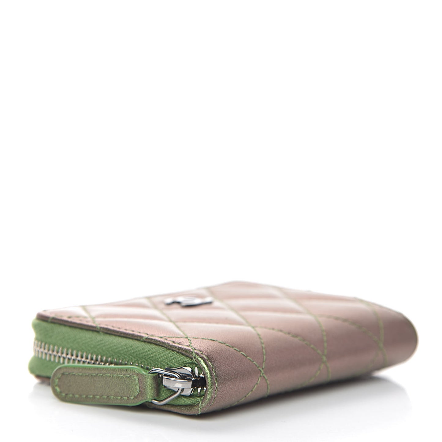 Metallic Lambskin Quilted Zip Around Coin Purse Wallet Green