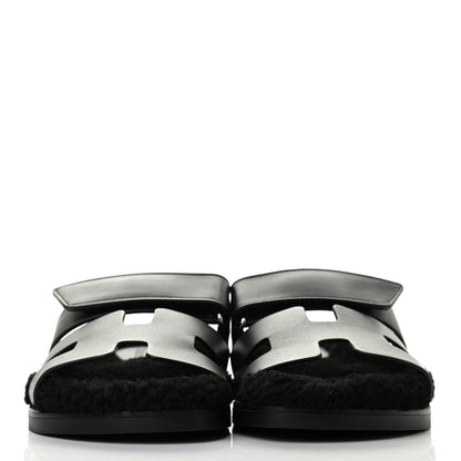 Hermes Calfskin Woolskin Womens Chypre Sandals 37 Black 2 of 8