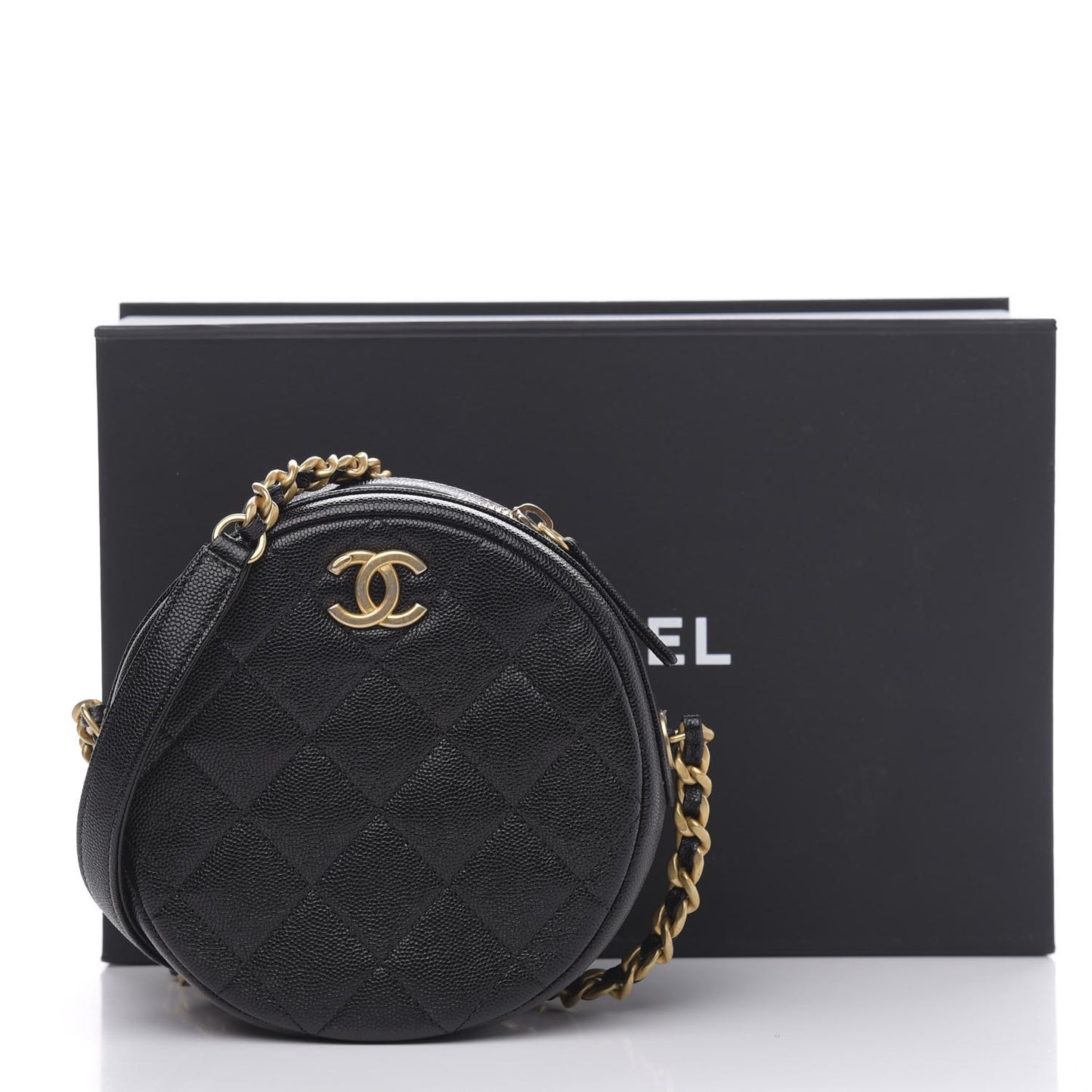 Caviar Quilted Small Round Bag With Chain Black