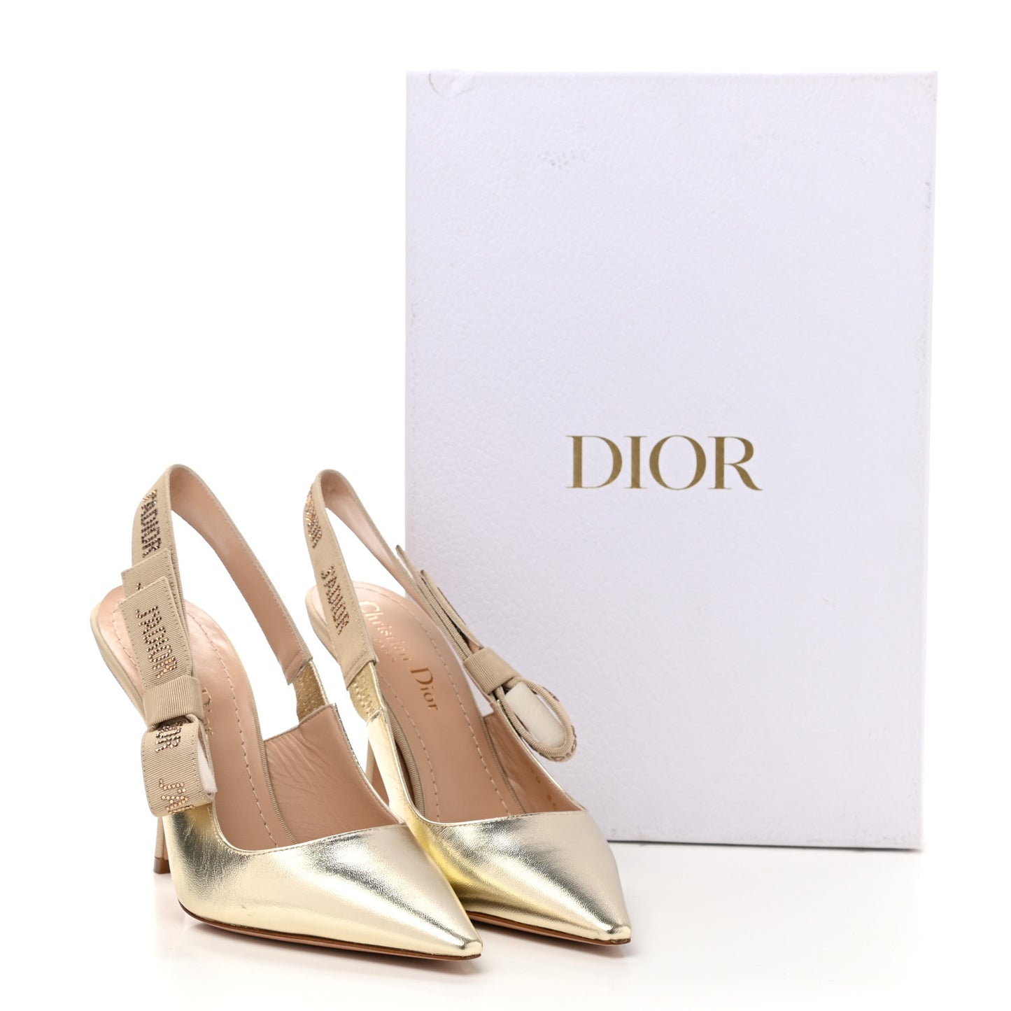 Laminated Lambskin Ribbon Crystal J'Adior Slingback 100mm Pumps 35.5 Light Gold