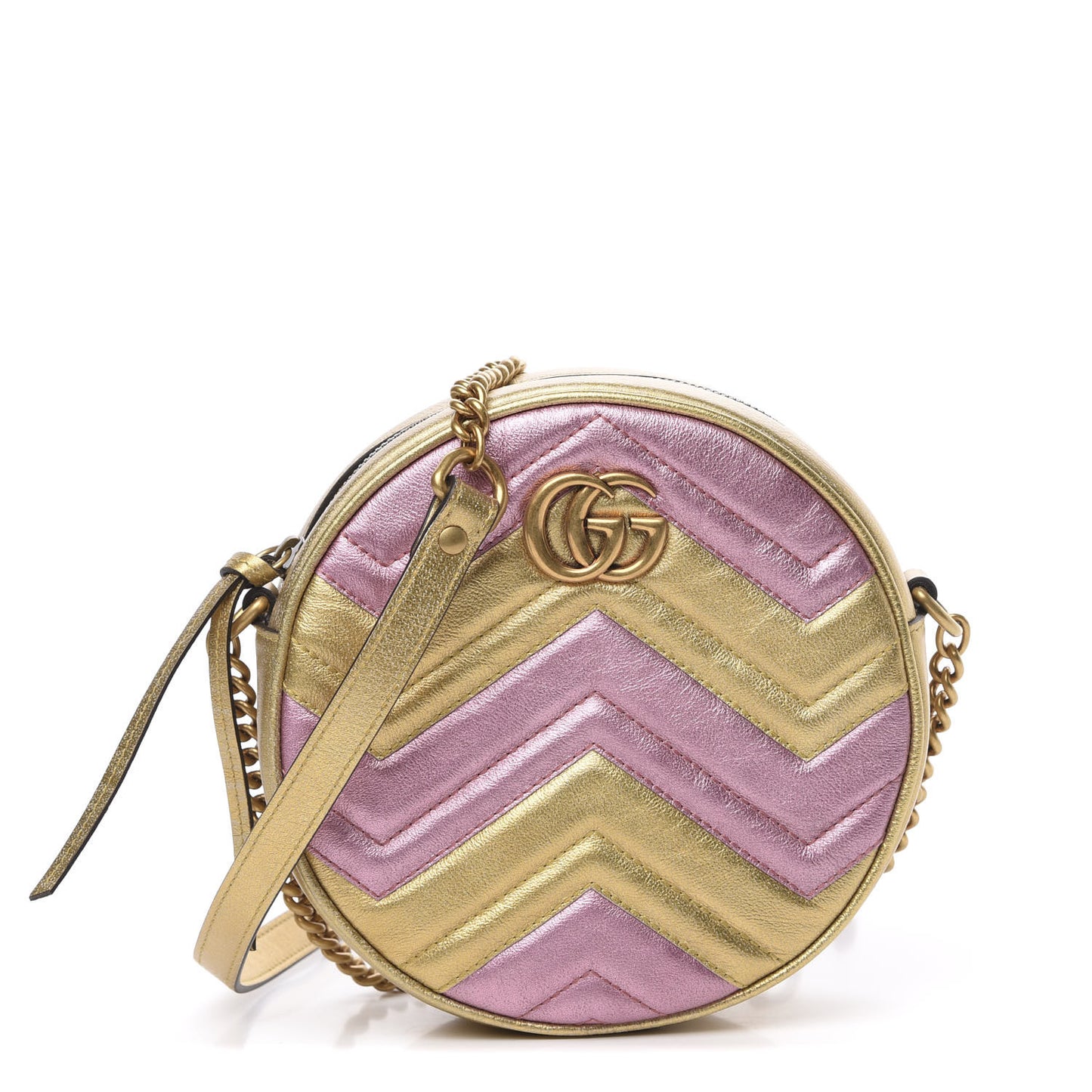 Metallic Nappa Matelasse Heart Mini GG Marmont Round Shoulder Bag Oro Vecchio Rosa