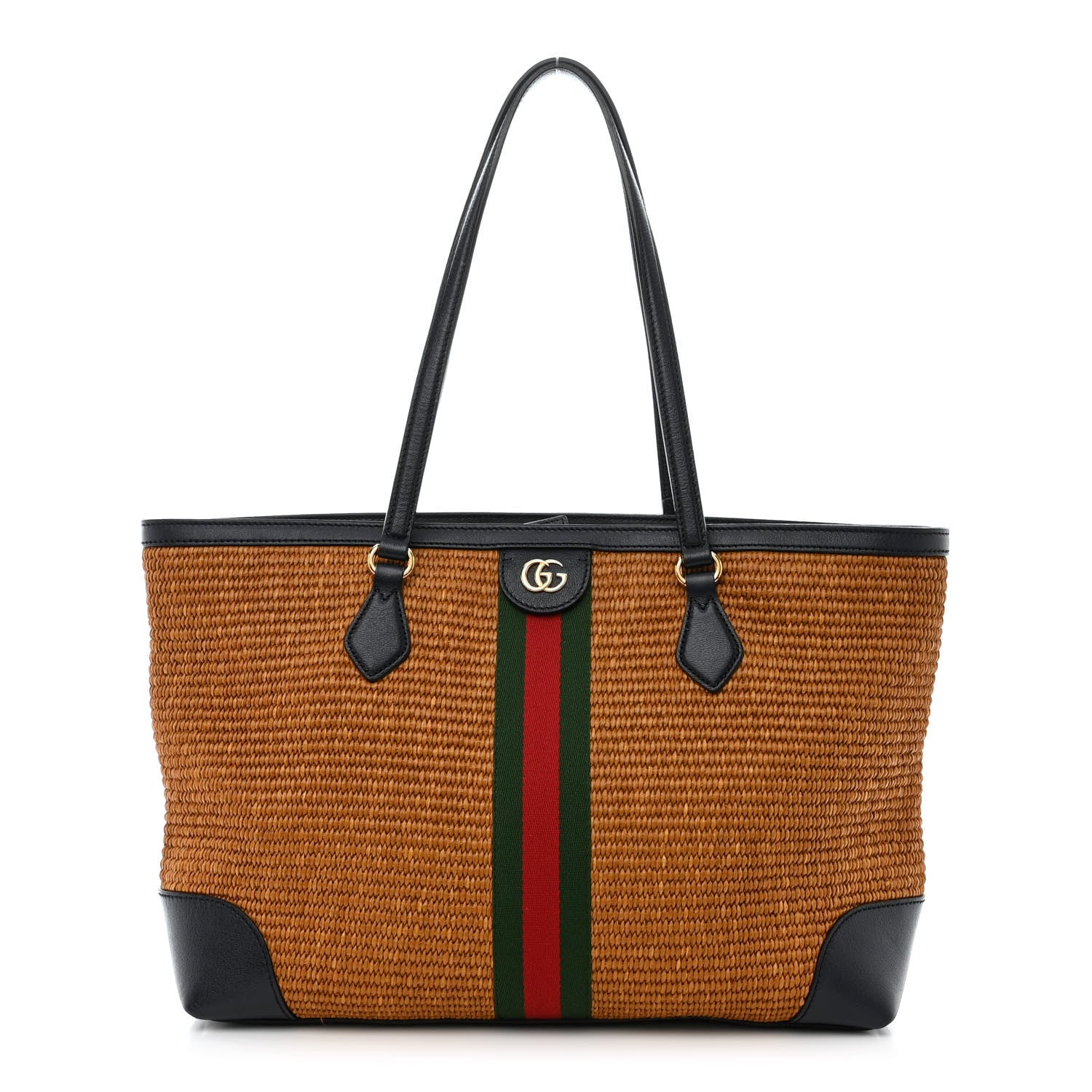Gucci Straw Lux Calfskin Web Medium Ophidia Shopping Tote Dark Natural Blue 1 of 10