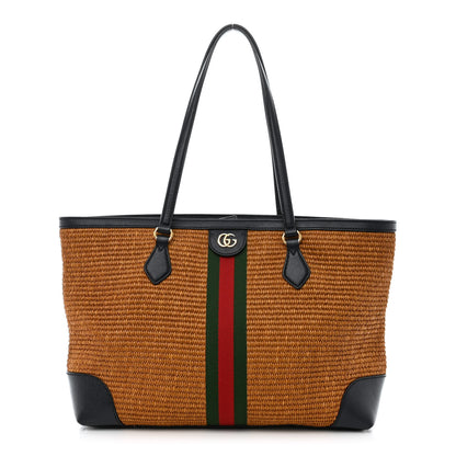 Gucci Straw Lux Calfskin Web Medium Ophidia Shopping Tote Dark Natural Blue 1 of 10