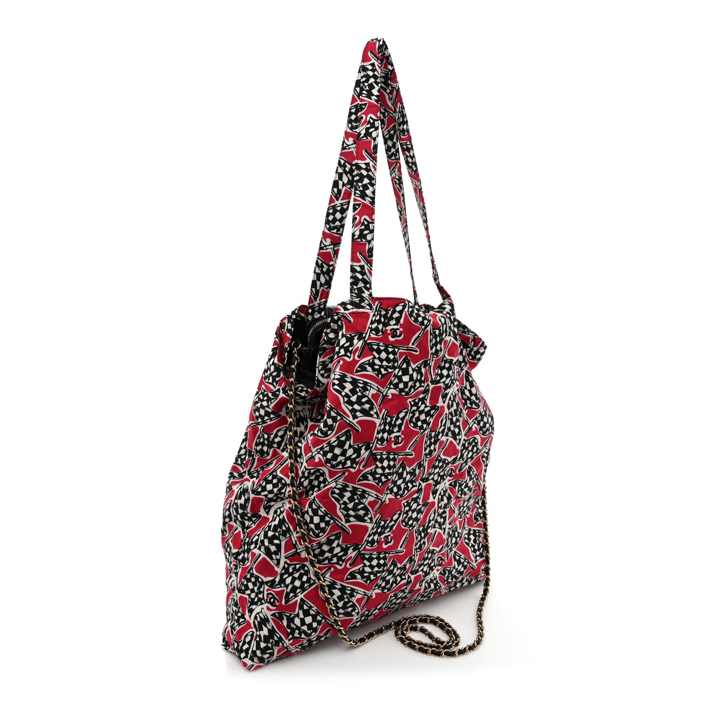 Caviar Fabric Quilted Foldable Tote With Chain Black Multicolor