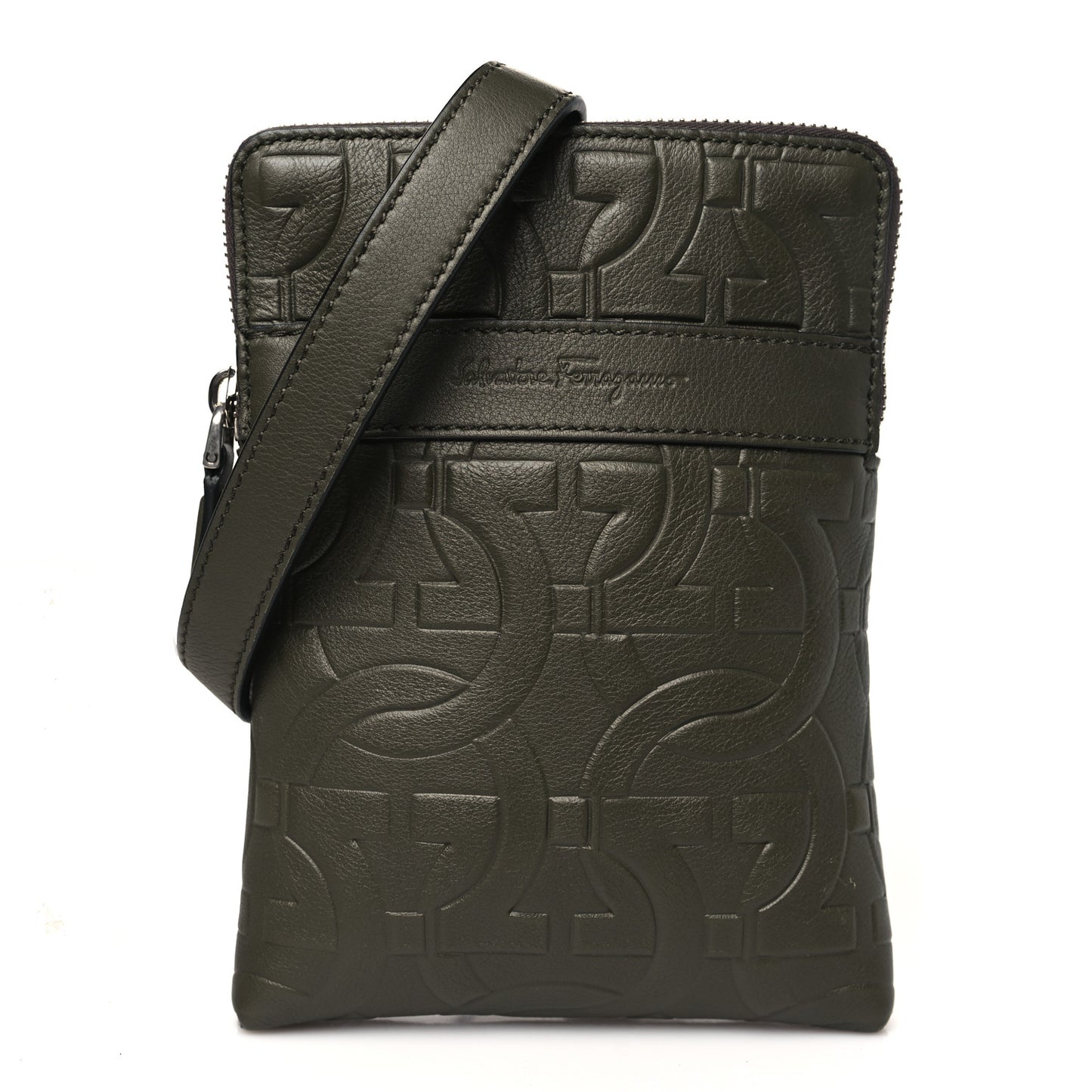 Calfskin Embossed Gancini Crossbody Green