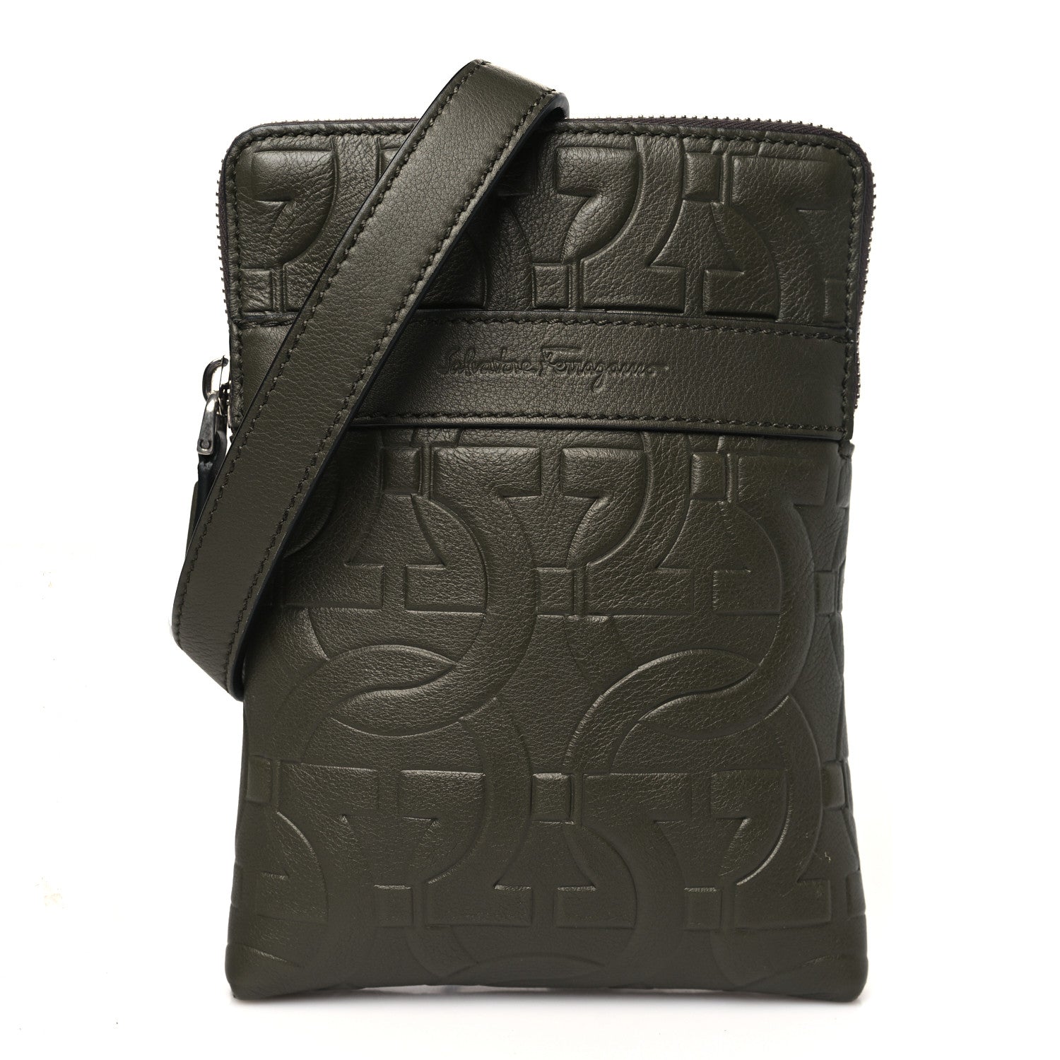 Salvatore Ferragamo Calfskin Embossed Gancini Crossbody Green 1 of 9