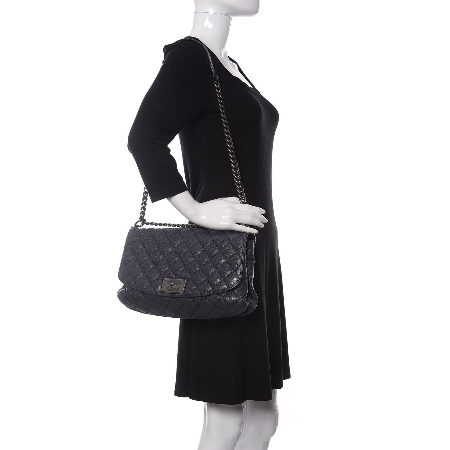Metallic Caviar Quilted Flap Navy Blue