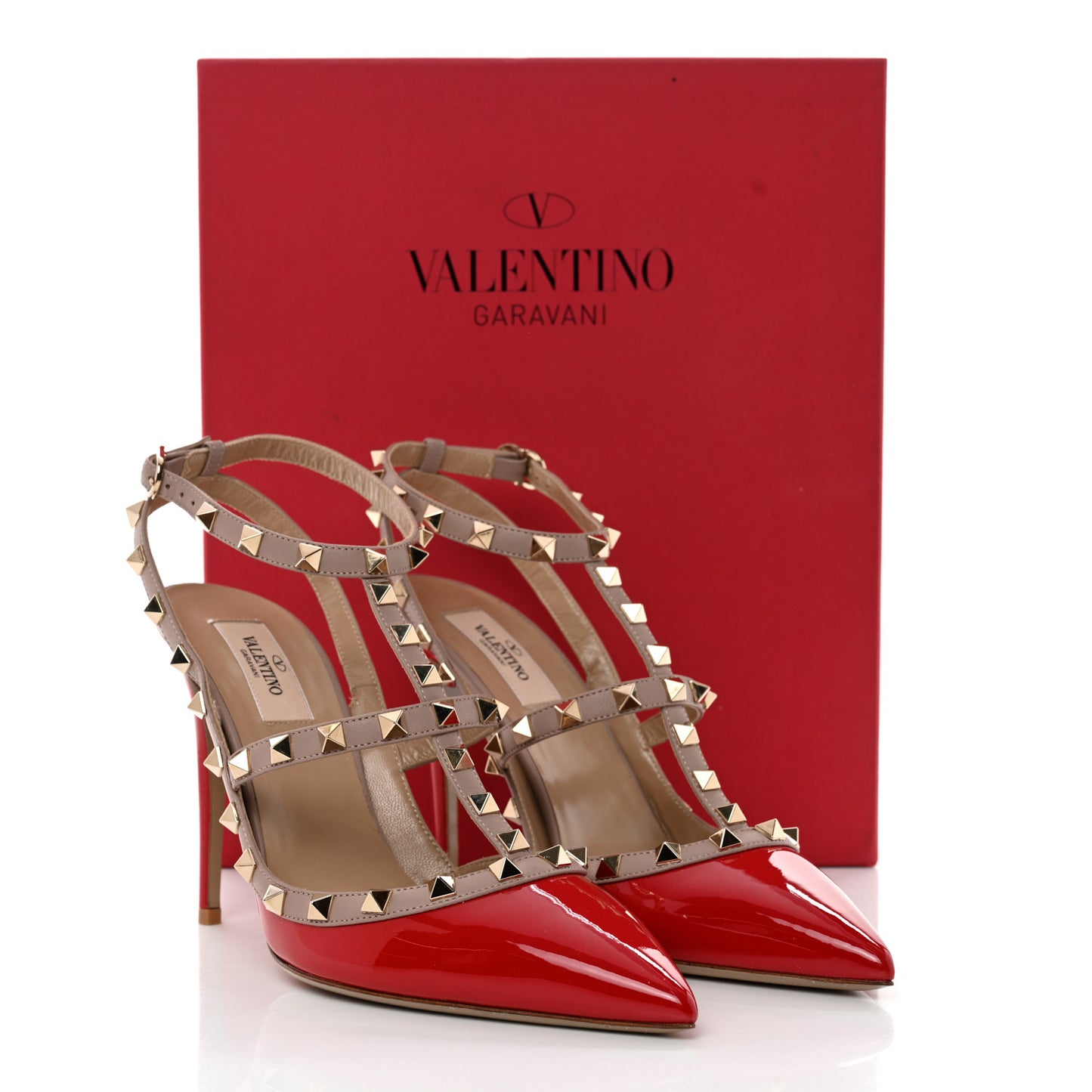 Patent Nappa Rockstud Ankle Strap 100mm Pumps 40.5 Rosso Valentino Poudre