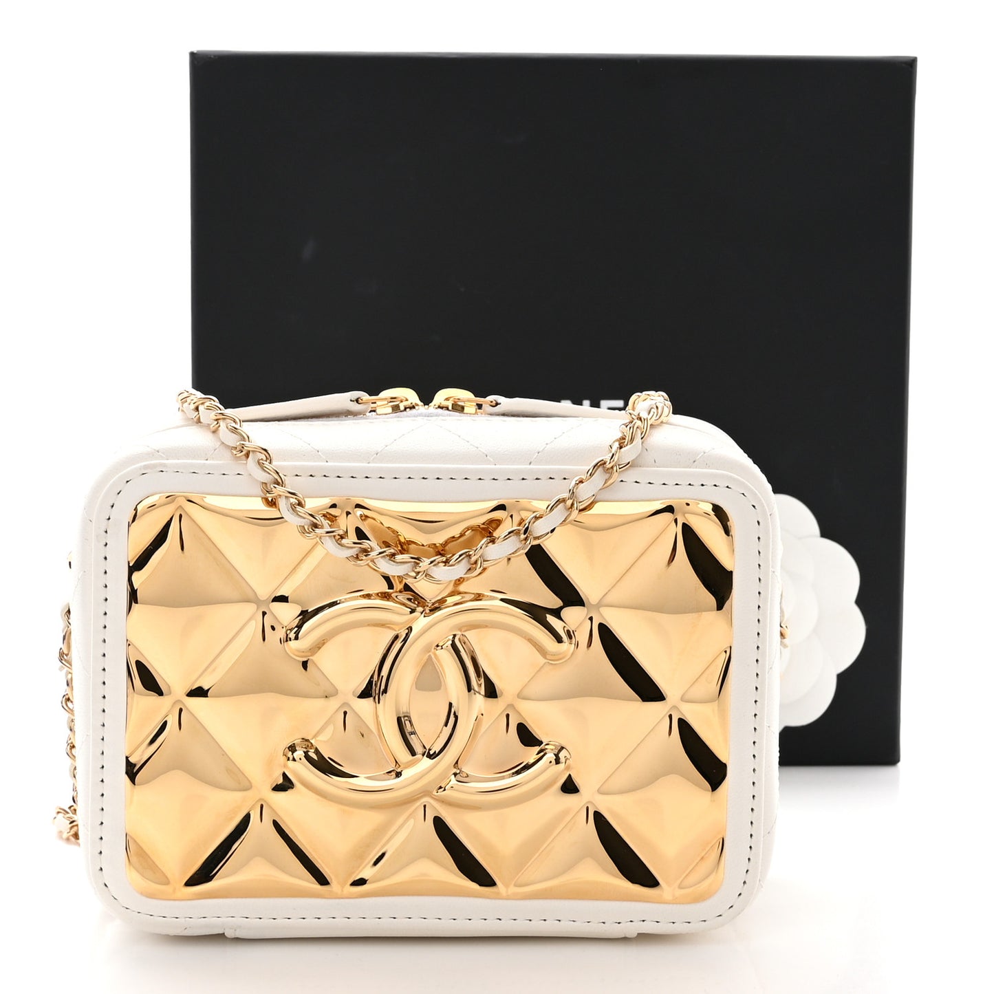 Lambskin Metal Quilted Mini Vanity Case With Chain White Gold