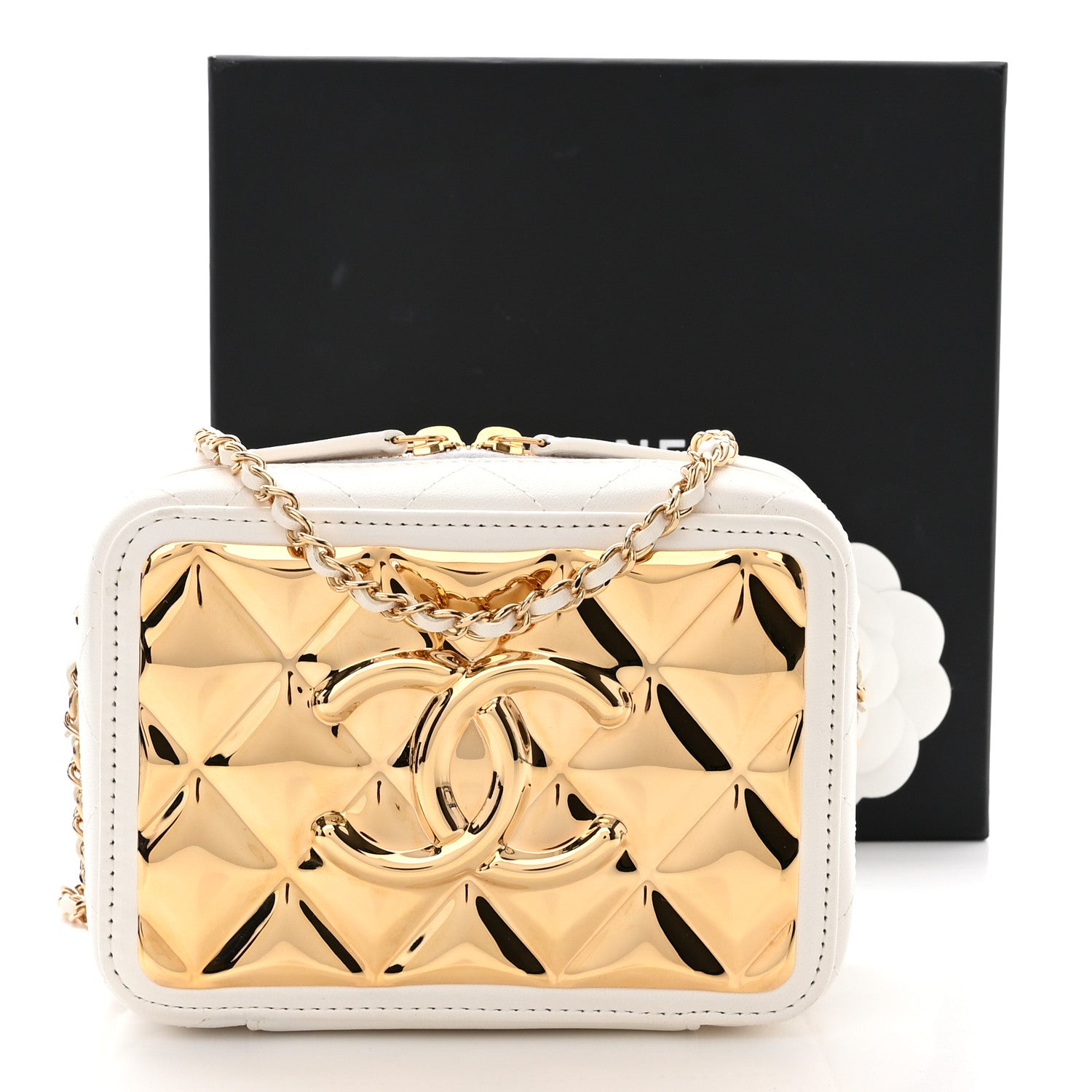 Chanel Lambskin Metal Quilted Mini Vanity Case With Chain White Gold 3 of 13