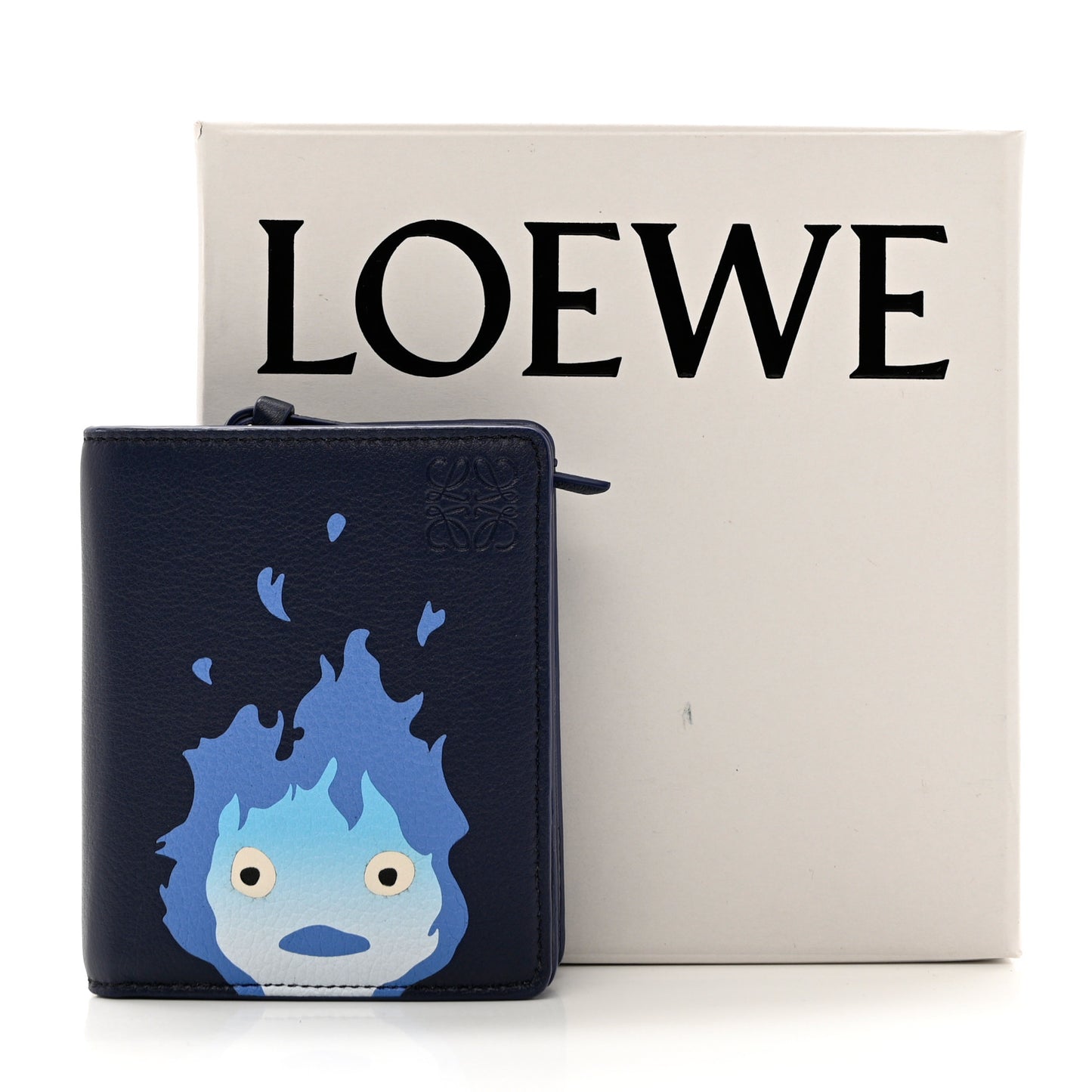 X HOWLS MOVING CASTLE Satin Calfskin Calcifer Compact Zip Wallet Marine