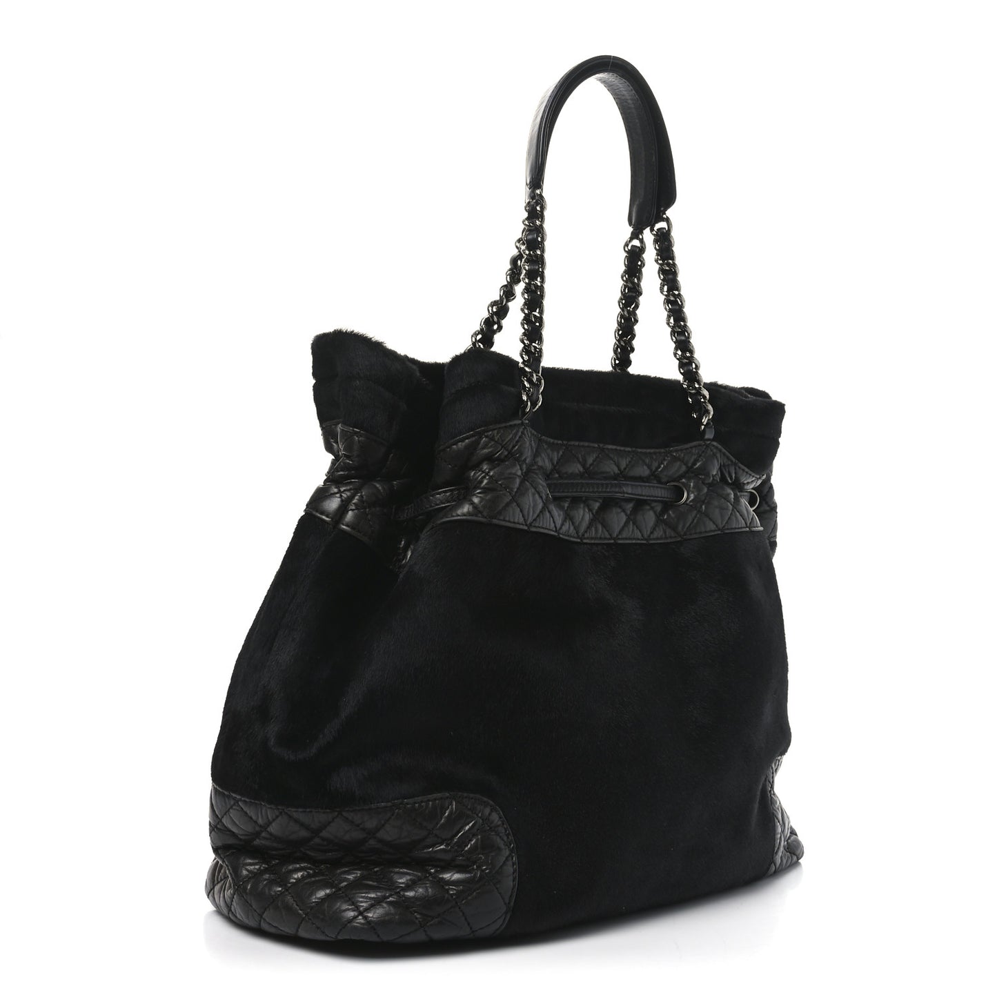 Aged Calfskin Pony Hair Quilted Miss Pony Drawstring Tote Black