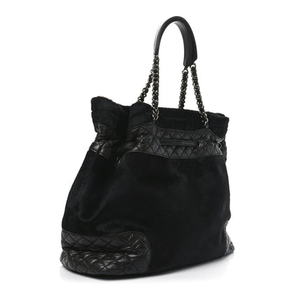 Chanel Aged Calfskin Pony Hair Quilted Miss Pony Drawstring Tote Black 3 of 11