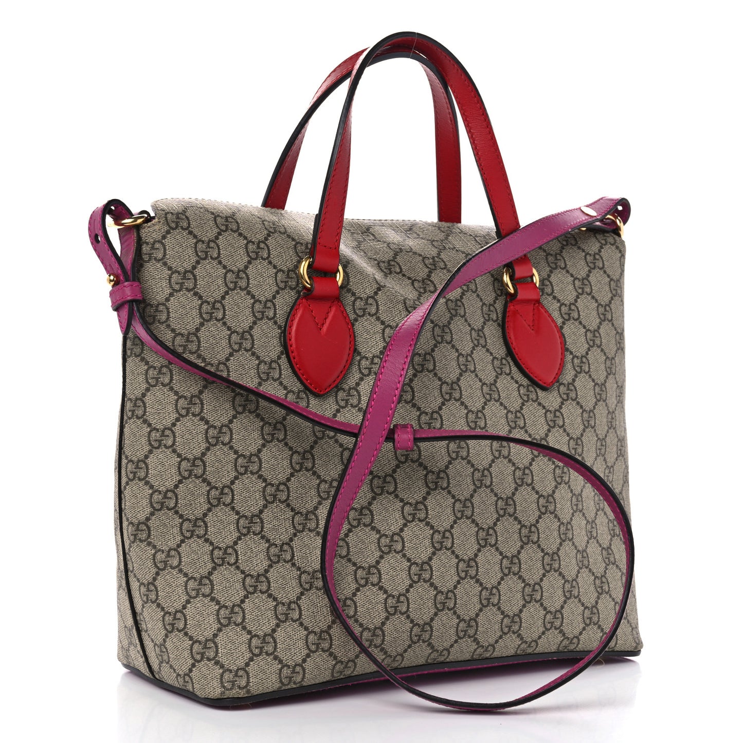 GG Supreme Monogram Linea A Foldover Tote Beige Hibiscus Red New Rosette