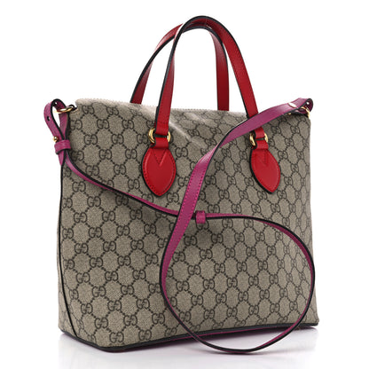 Gucci GG Supreme Monogram Linea A Foldover Tote Beige Hibiscus Red New Rosette 3 of 10