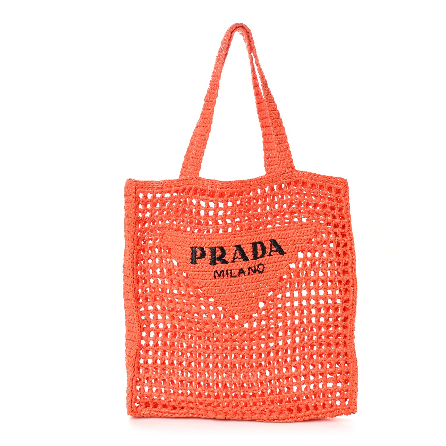 Prada Yarn Raffia Effect Crochet Logo Embroidered Tote Bag Arancio 1 of 9