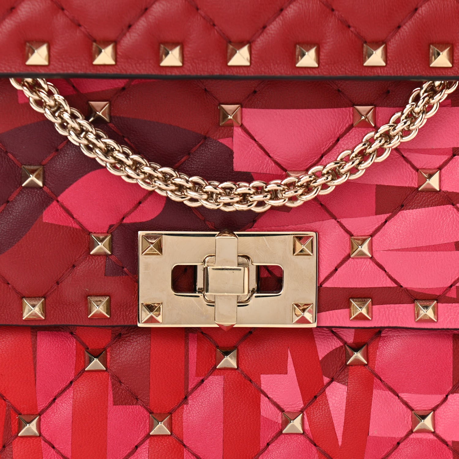 Valentino Garavani Nappa Lettering Print Quilted Medium Rockstud Spike Shoulder Bag Red Pink 7 of 9