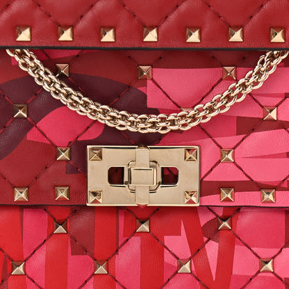 Valentino Garavani Nappa Lettering Print Quilted Medium Rockstud Spike Shoulder Bag Red Pink 7 of 9