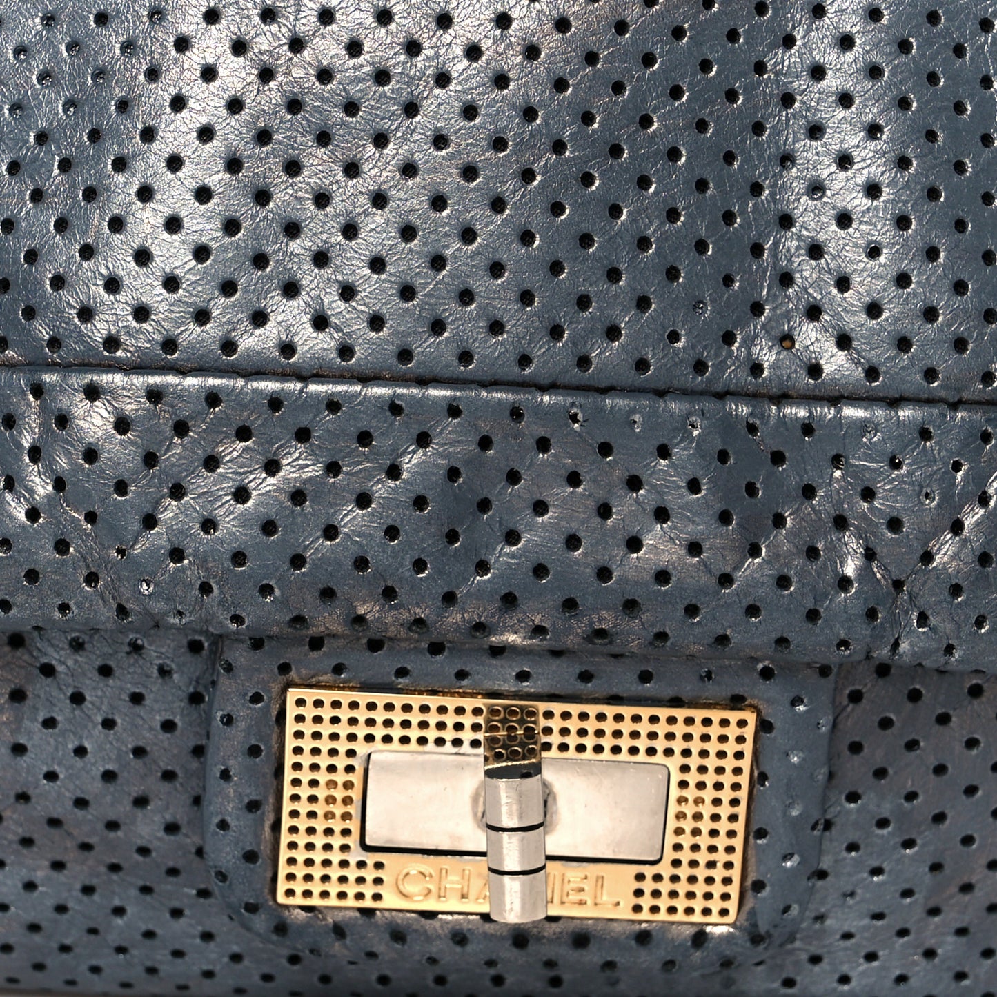 Metallic Crackled Calfskin Perforated Drill Flap Silver