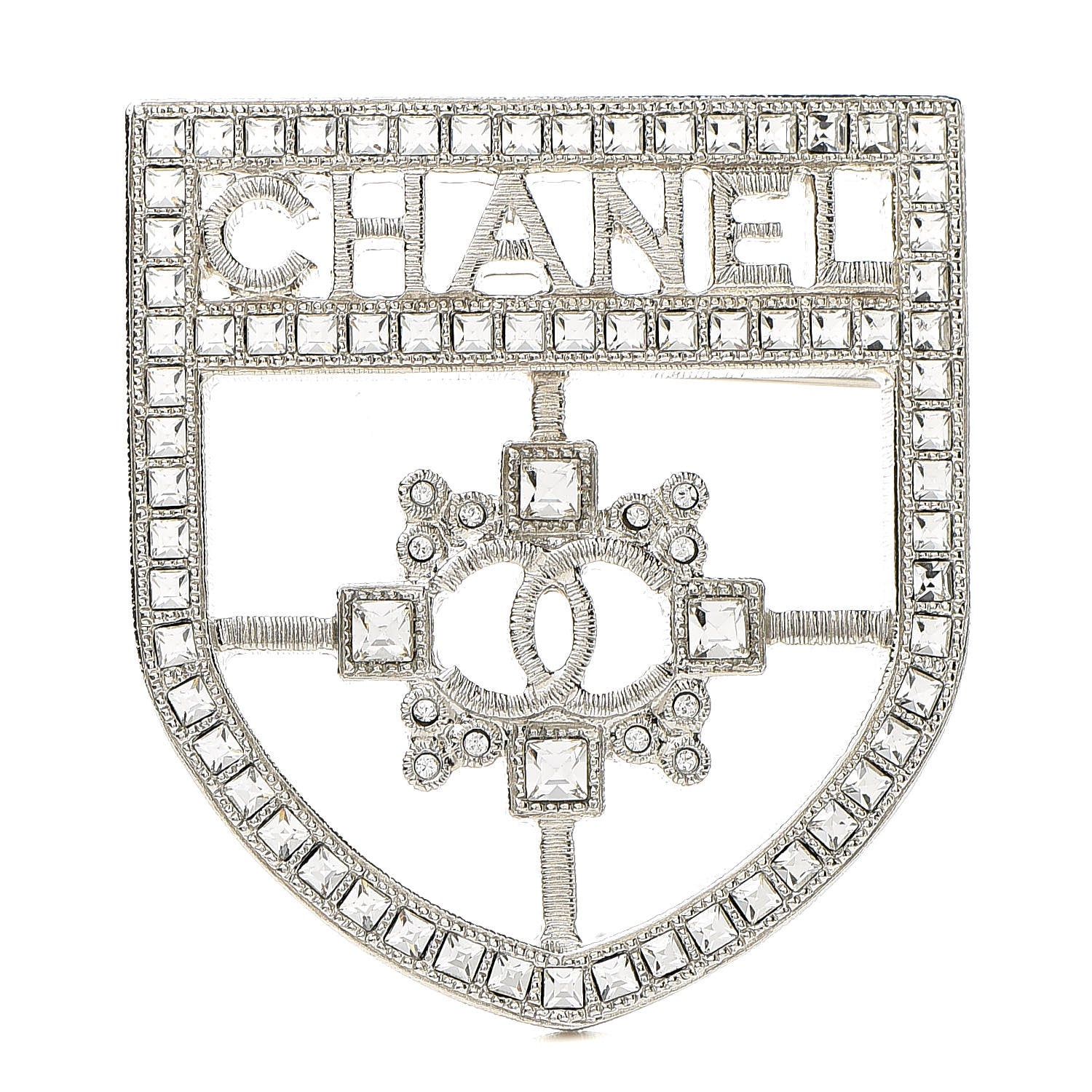 Chanel Swarovski Baguette Crystal CC Shield Brooch Silver 1 of 5