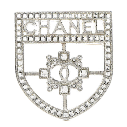 Chanel Swarovski Baguette Crystal CC Shield Brooch Silver 1 of 5