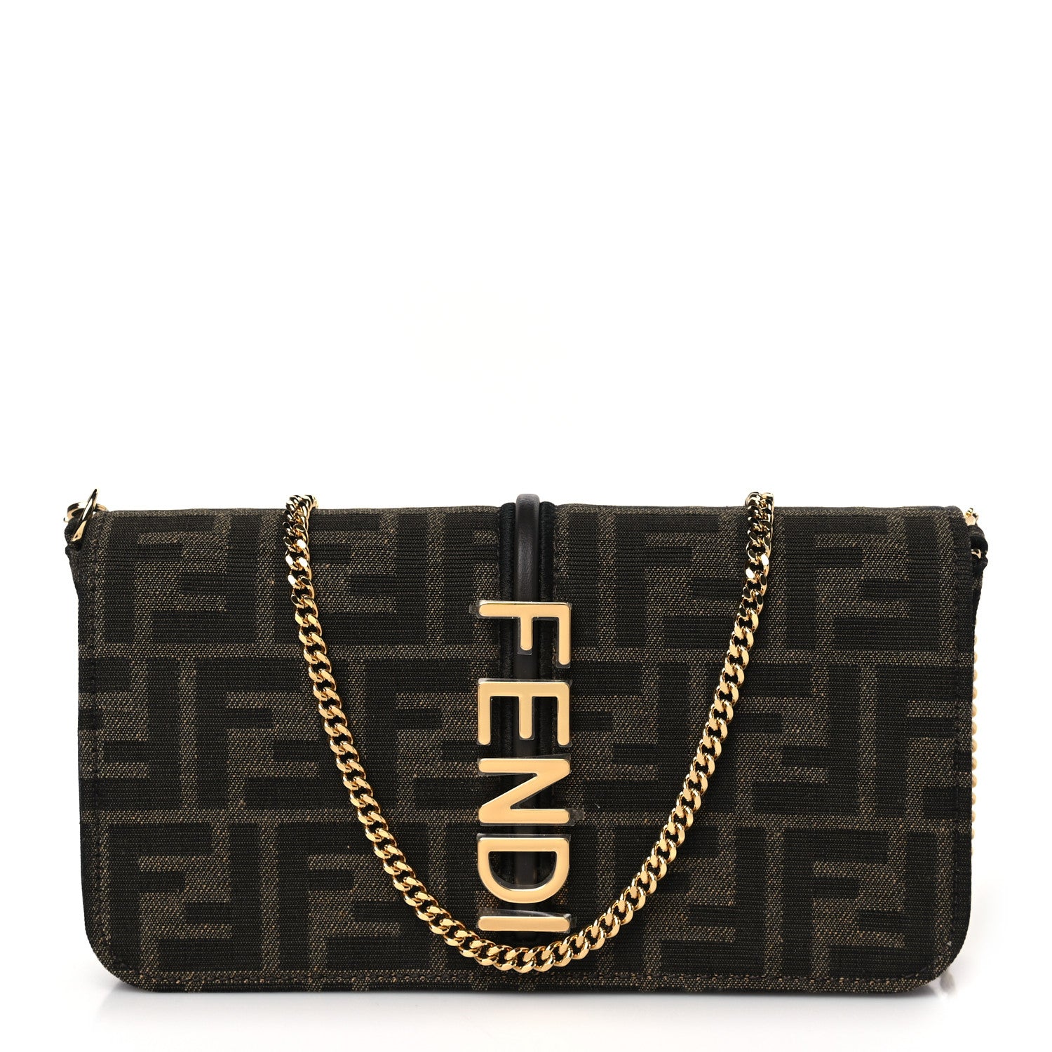 Fendi Fabric Jacquard FF 1974 Fendigraphy Wallet On Chain Tobacco Moro Ebano 1 of 8