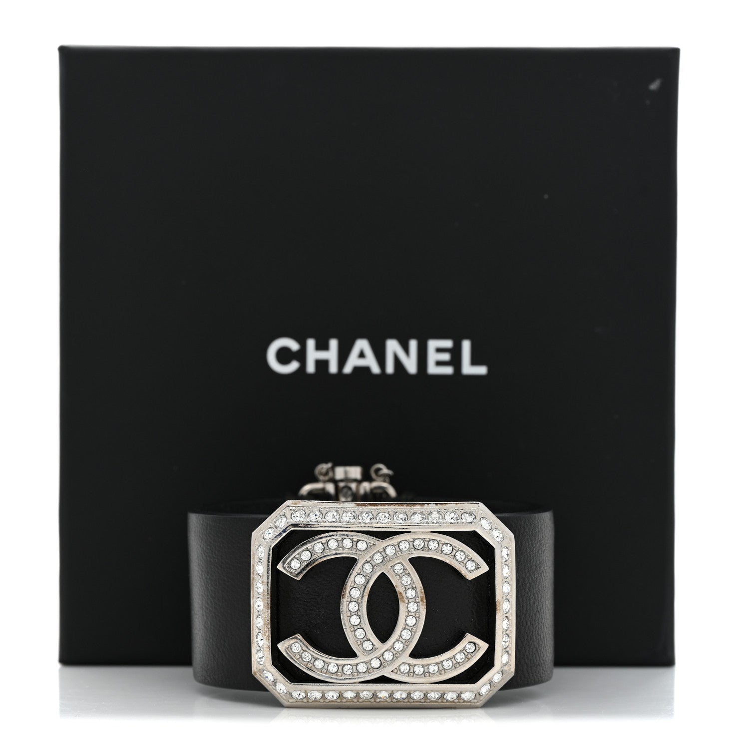 Chanel Calfskin Crystal CC Cuff Bracelet M Black 9 of 9