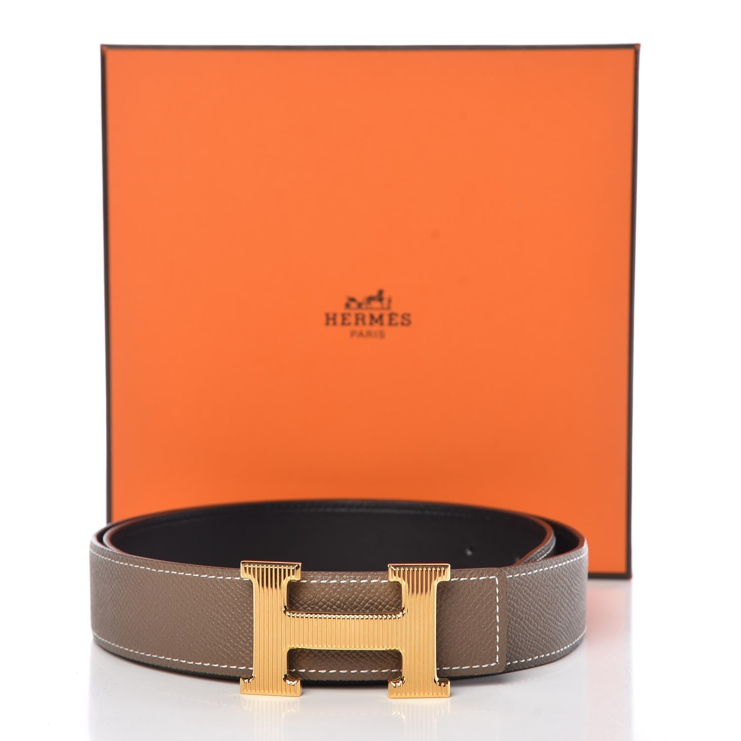 Hermes Epsom Swift 32mm Striee H Belt 85 Etoupe Black 10 of 10