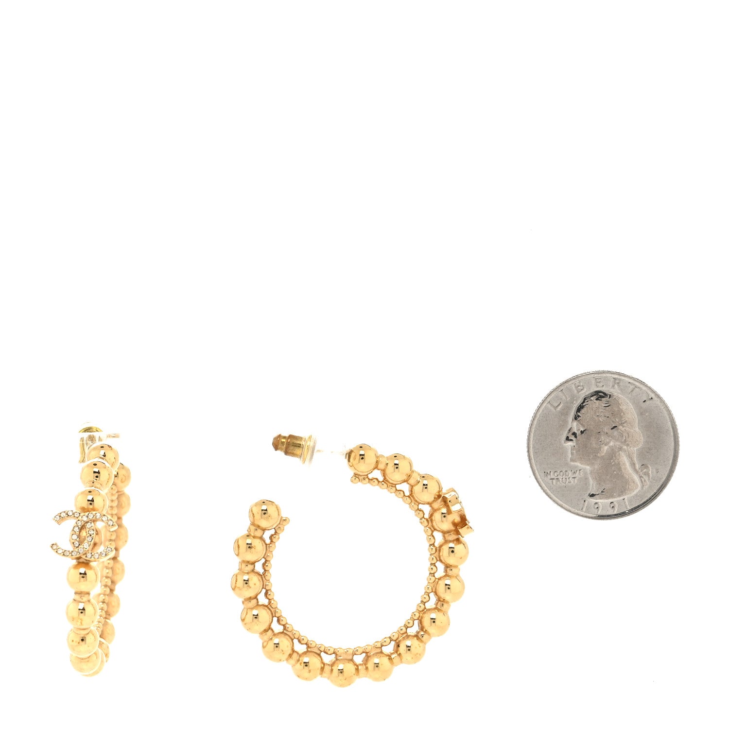 Chanel Crystal Bead CC Hoop Earrings Gold 2 of 4