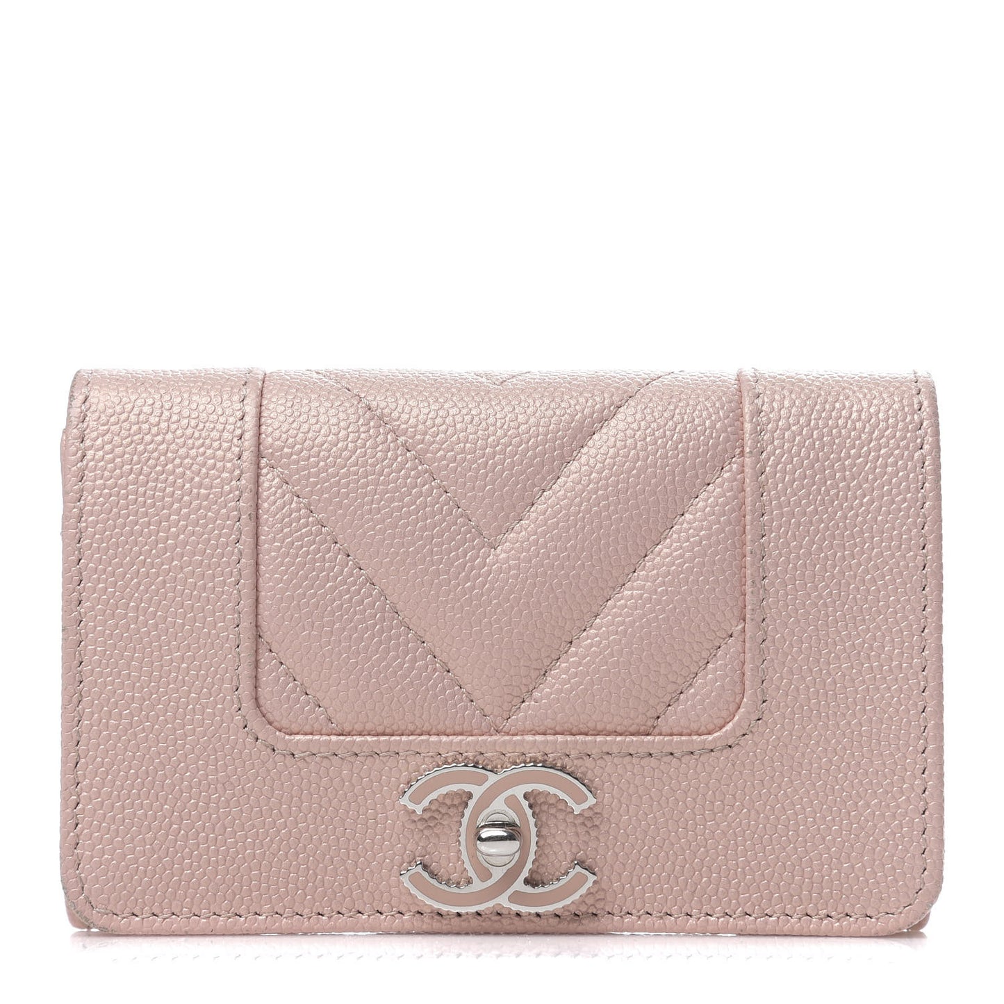 Metallic Caviar Chevron Quilted Vintage Mademoiselle Flap Card Holder Pink
