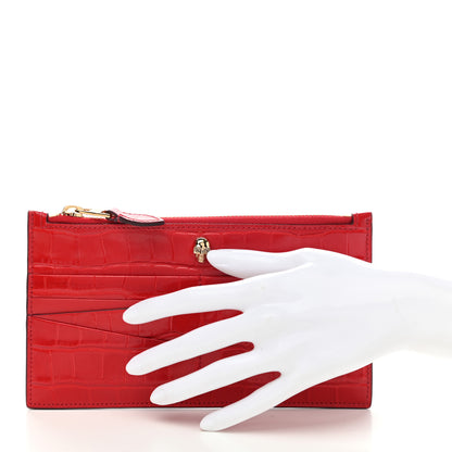 Alexander McQueen Calfskin Crocodile Embossed Skull Zip Wallet Card Holder Deep Red 2 of 8
