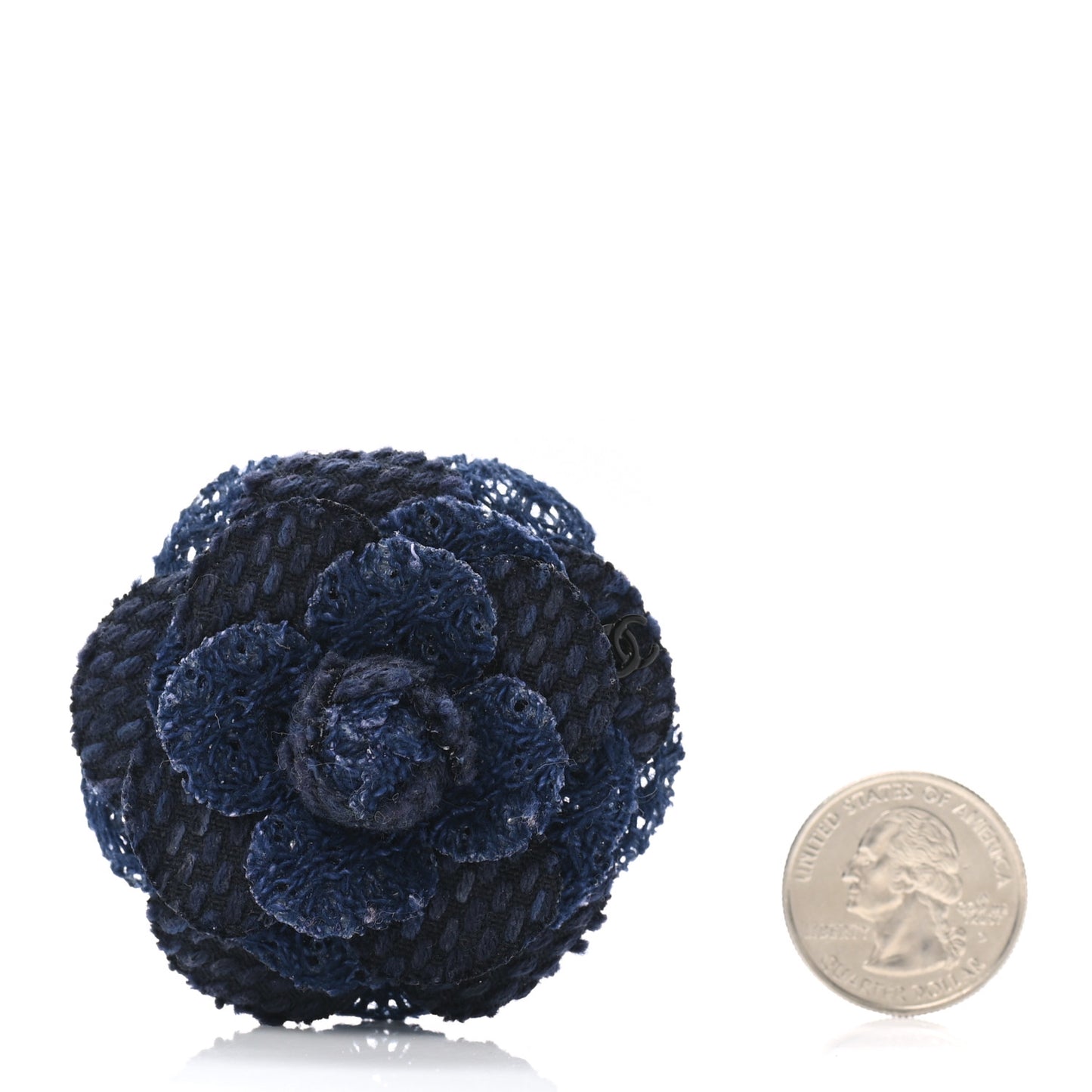 Tweed Camellia Pin Brooch Navy Blue