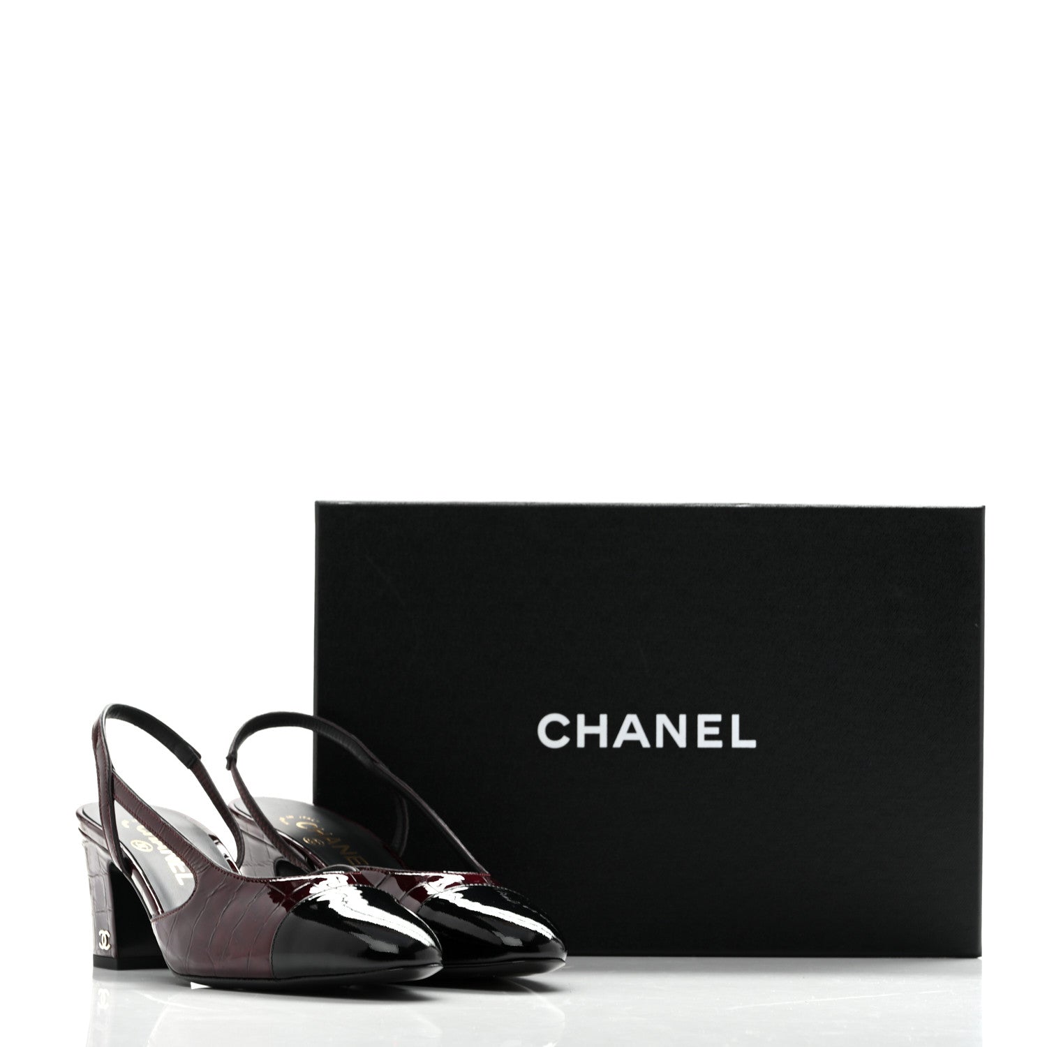 Chanel Patent Calfskin Crocodile Embossed Cap Toe CC Slingback Pumps 37.5 Dark Burgundy Black 11 of 11