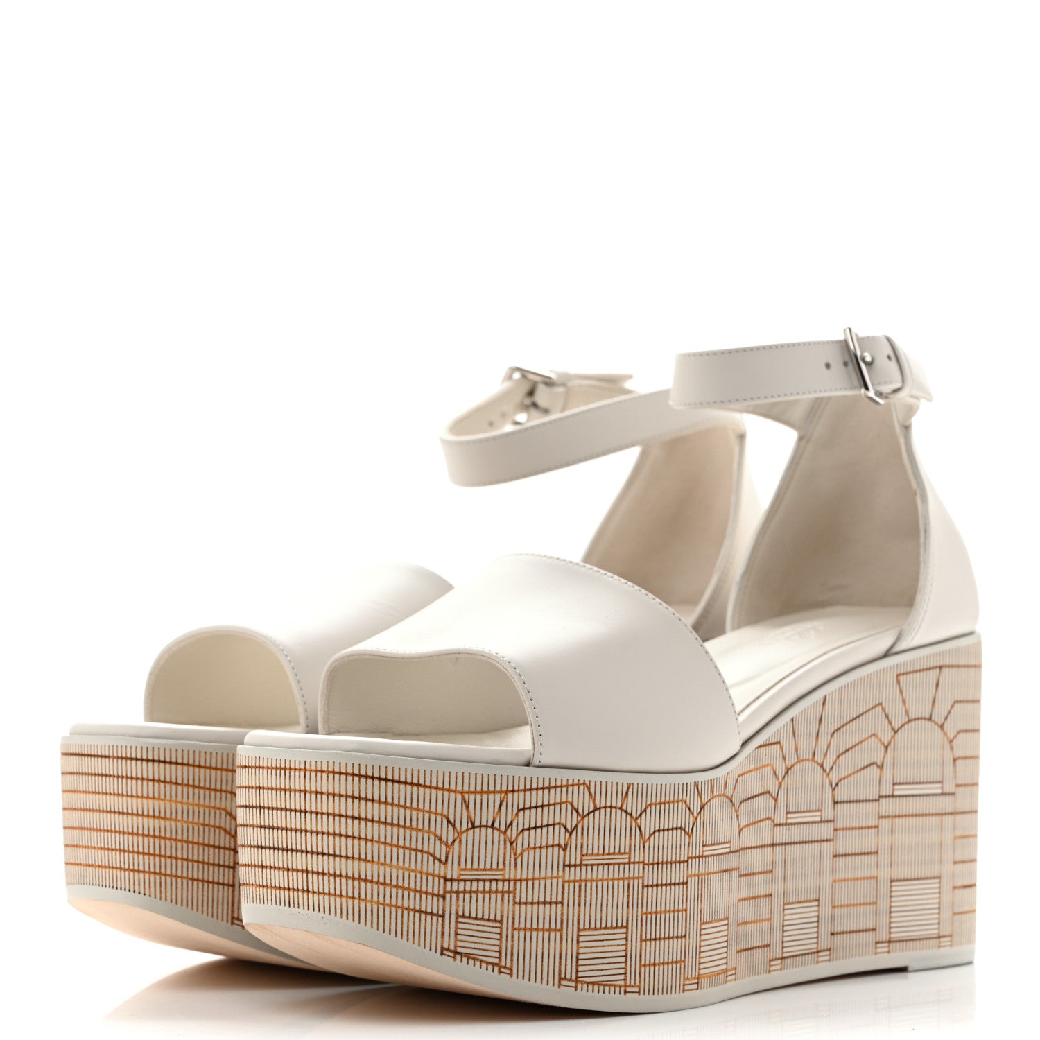 Hermes Calfskin Illusion 35 Wedge Sandals 40 Blanc De Paris 4 of 10