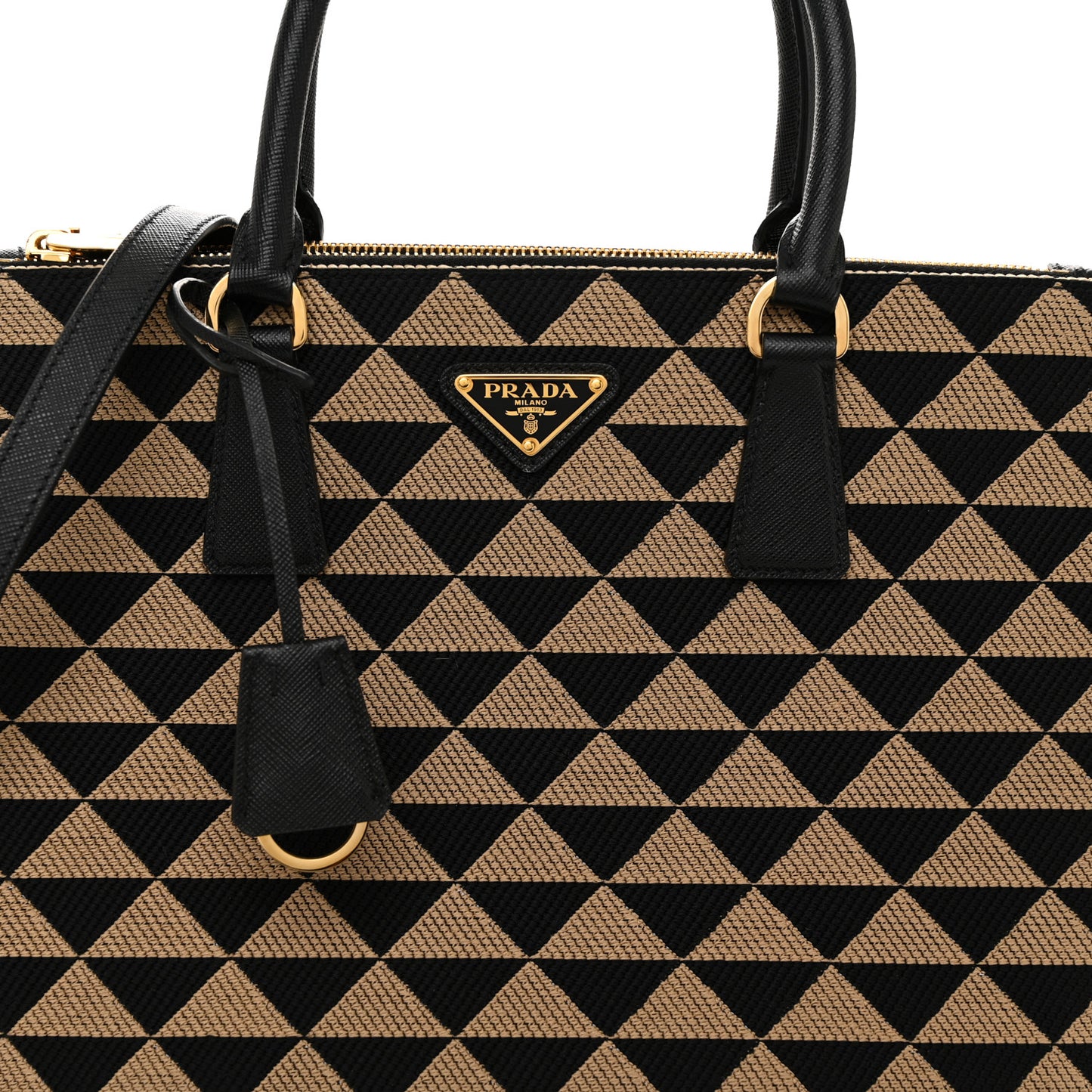 Jacquard Saffiano Triangolo Symbole Embroidered Large Double Zip Tote Black Corda