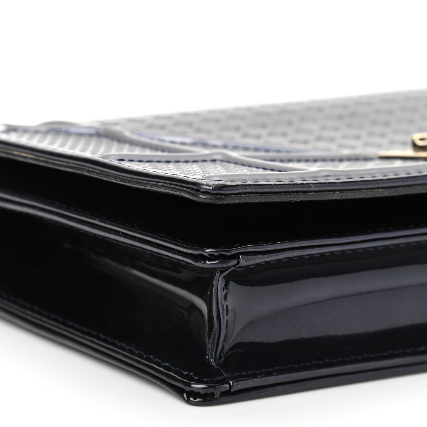 Metallic Patent Micro-Cannage Diorama Wallet on Chain Pouch Navy Blue