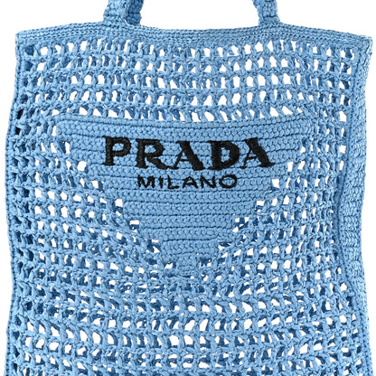 Prada Yarn Raffia Effect Crochet Logo Embroidered Tote Bag Celeste 7 of 9