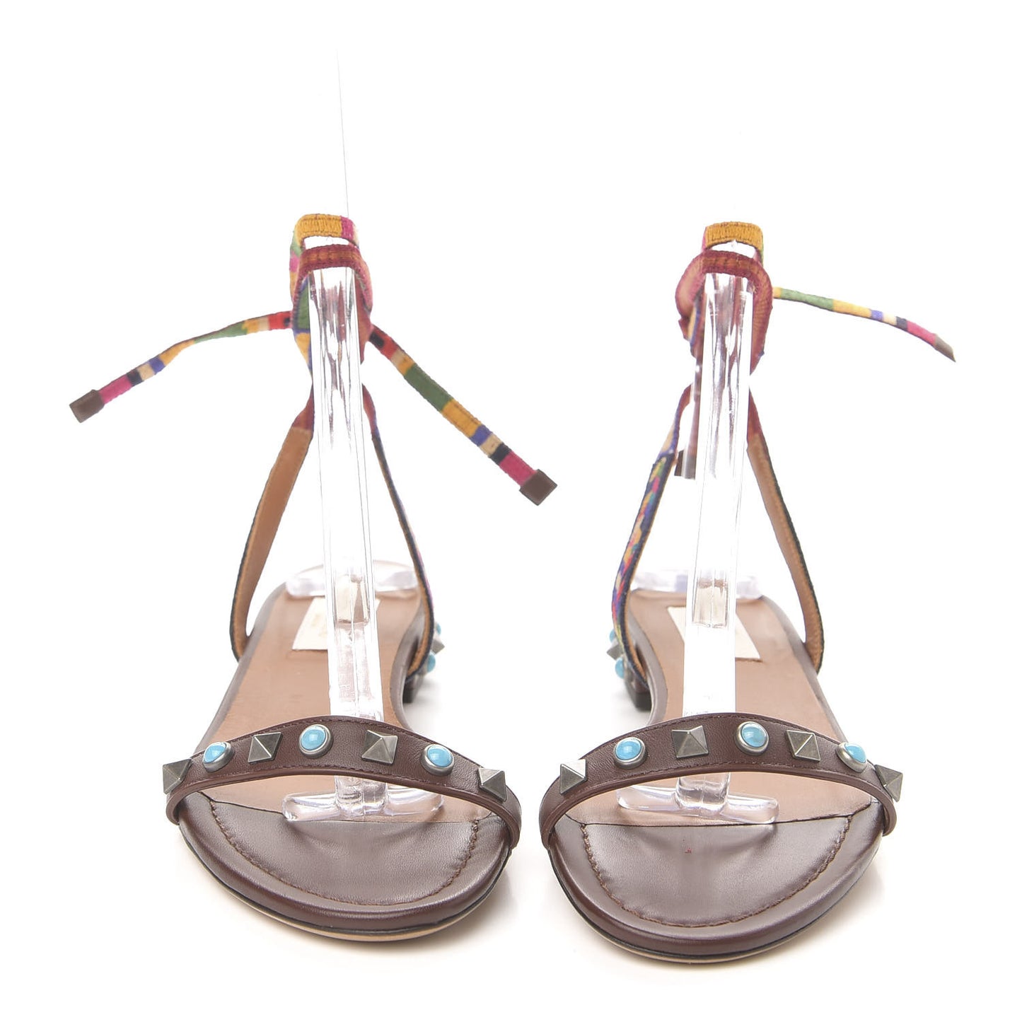 Calfskin Embroidered Rockstud Rolling Wrap Sandals 35.5 Brown