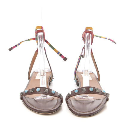 Valentino Garavani Calfskin Embroidered Rockstud Rolling Wrap Sandals 35.5 Brown 2 of 9