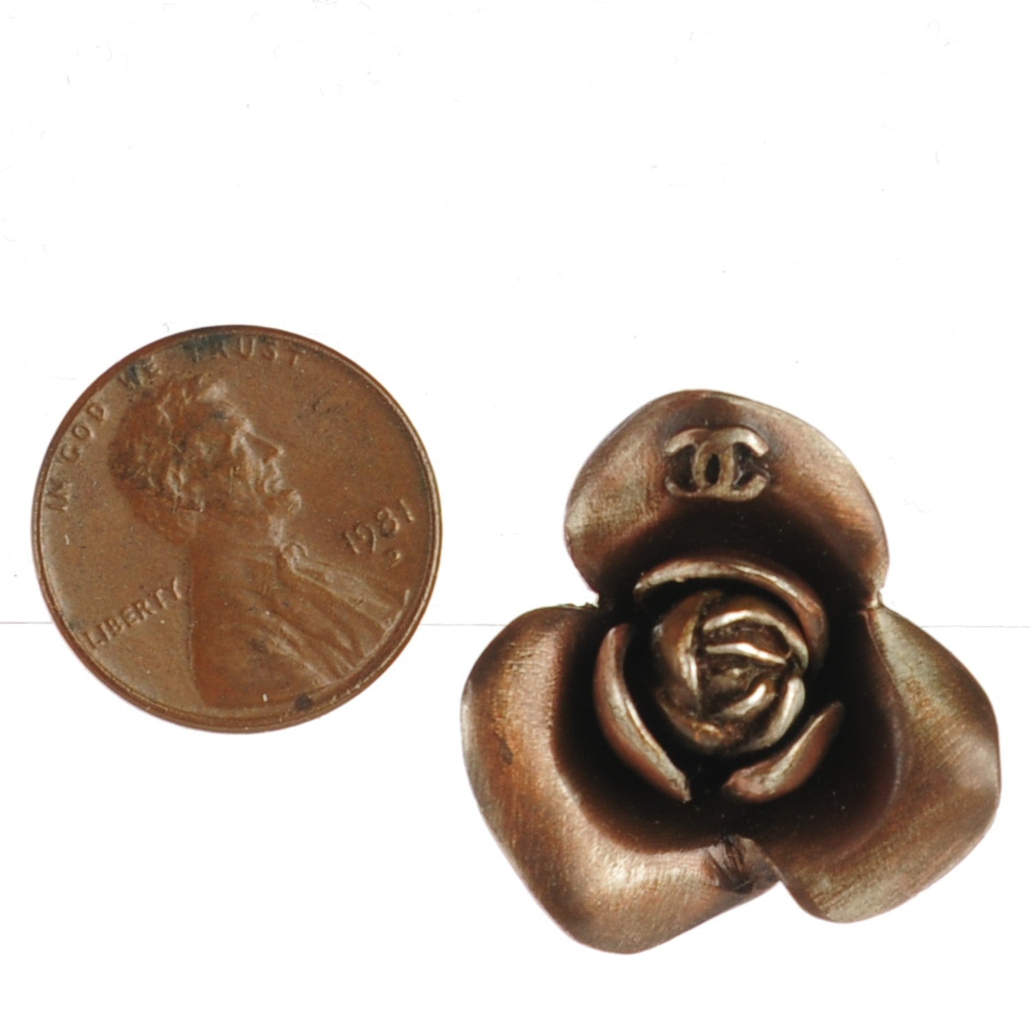 Chanel 14K Gold and Bronze Camellia CC Earrings 2 of 5