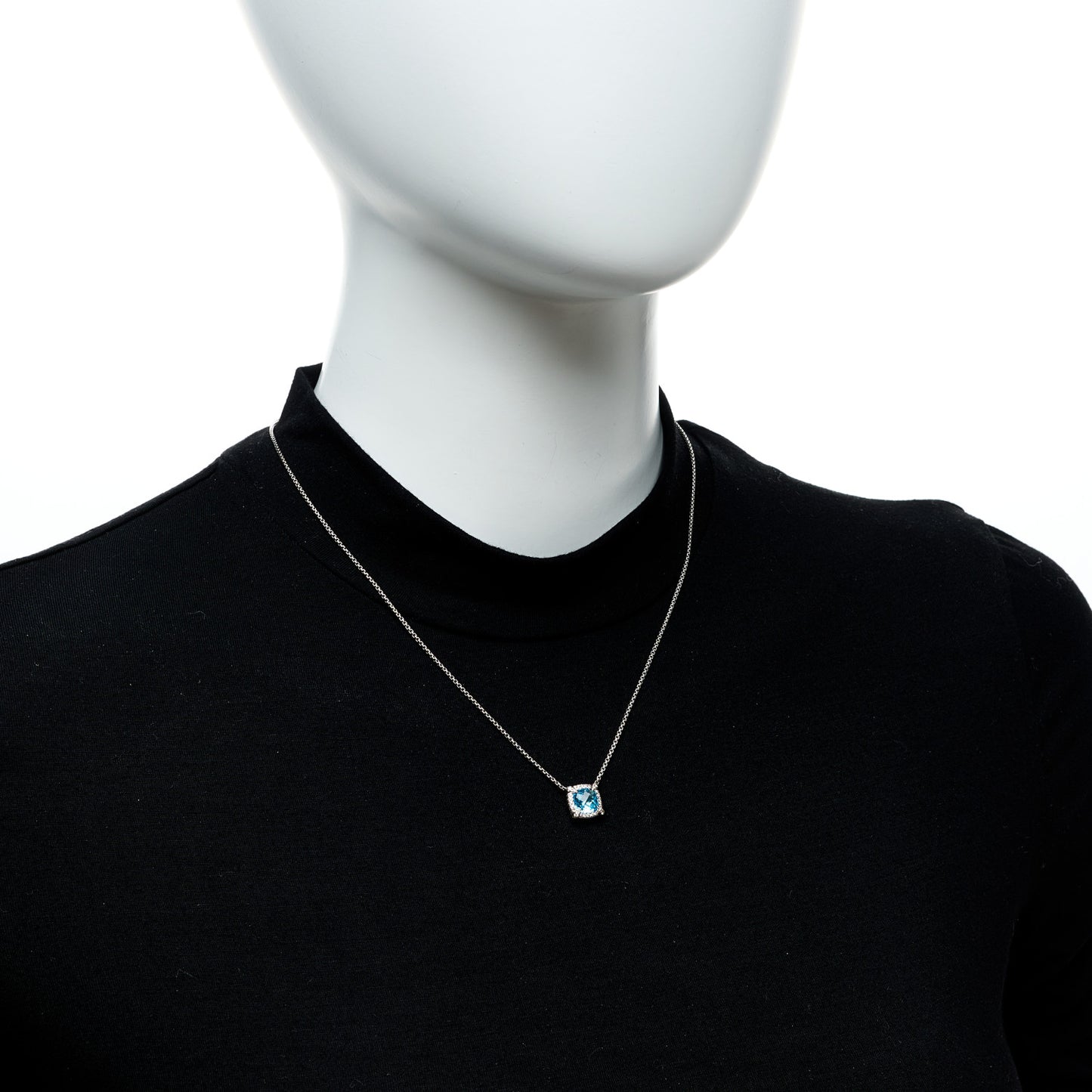 Sterling Silver Diamond Blue Topaz 7mm Petite Chatelaine Pave Bezel Pendant Necklace