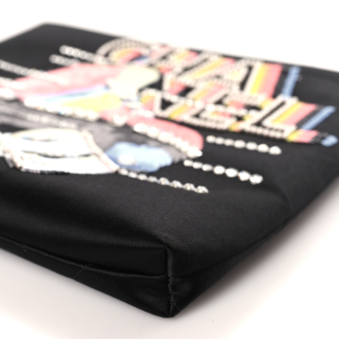 Satin Sequin Pearl Crystal Roller Skate Quilted Clutch With Chain Black Multicolor