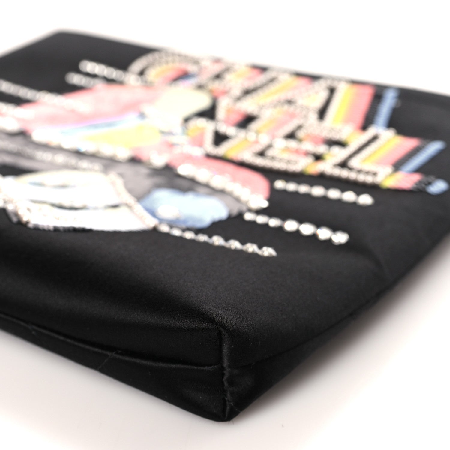 Chanel Satin Sequin Pearl Crystal Roller Skate Quilted Clutch With Chain Black Multicolor 9 of 9