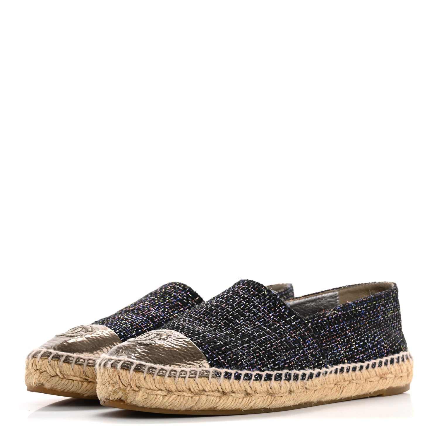Chanel Metallic Tweed Patent CC Espadrilles 37 Black Silver 4 of 14